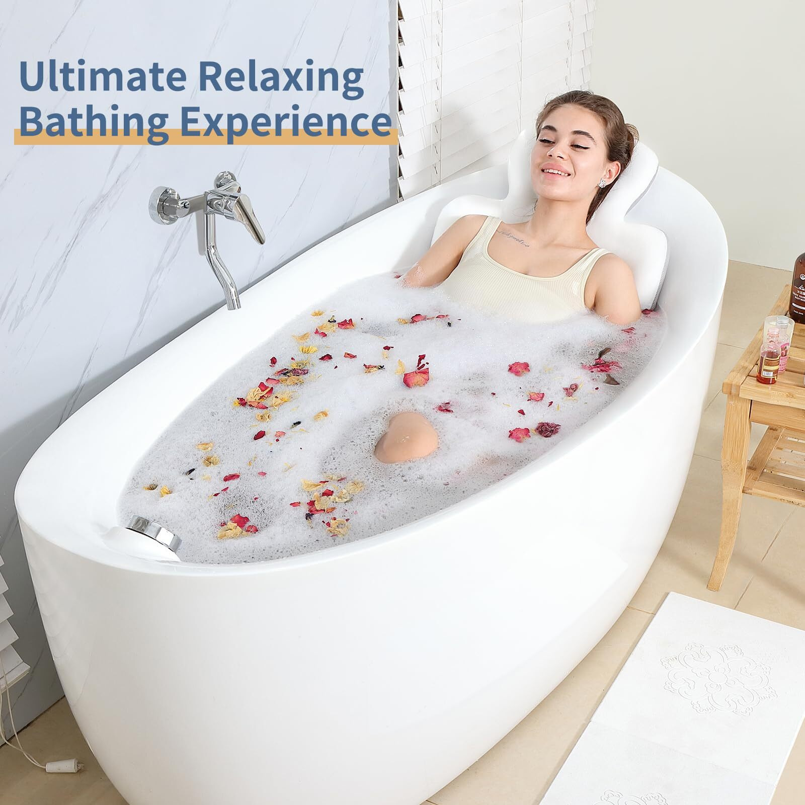 Luxury Bath Cushion  Full Body Bathtub Pillow With 160 Suction Cups  Bath Mat For Head And Neck Support  With Laundry Bag (White  56.2"" X 16.2"")