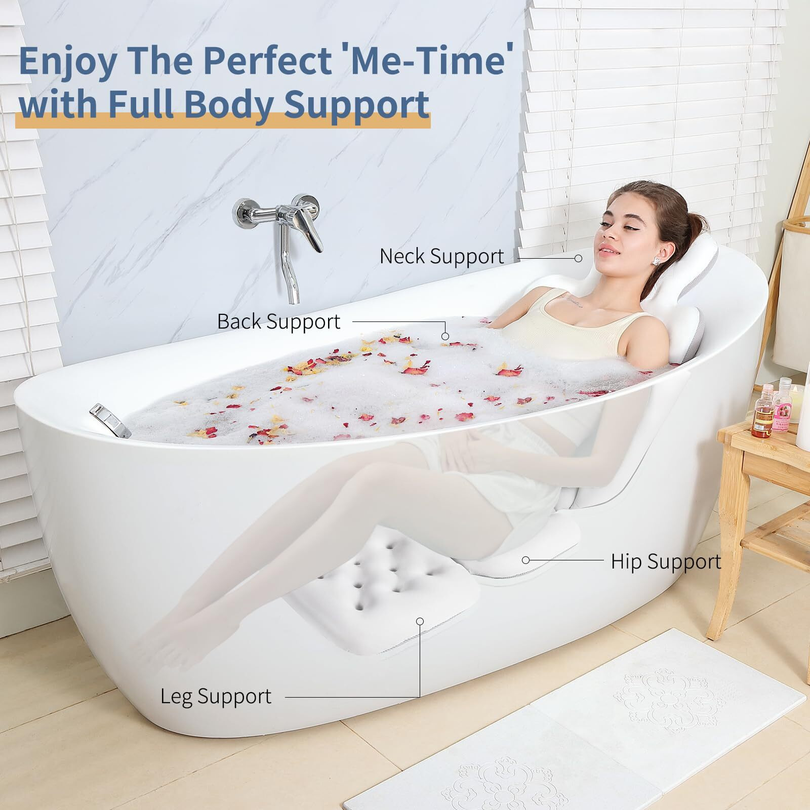 Luxury Bath Cushion  Full Body Bathtub Pillow With 160 Suction Cups  Bath Mat For Head And Neck Support  With Laundry Bag (White  56.2"" X 16.2"")