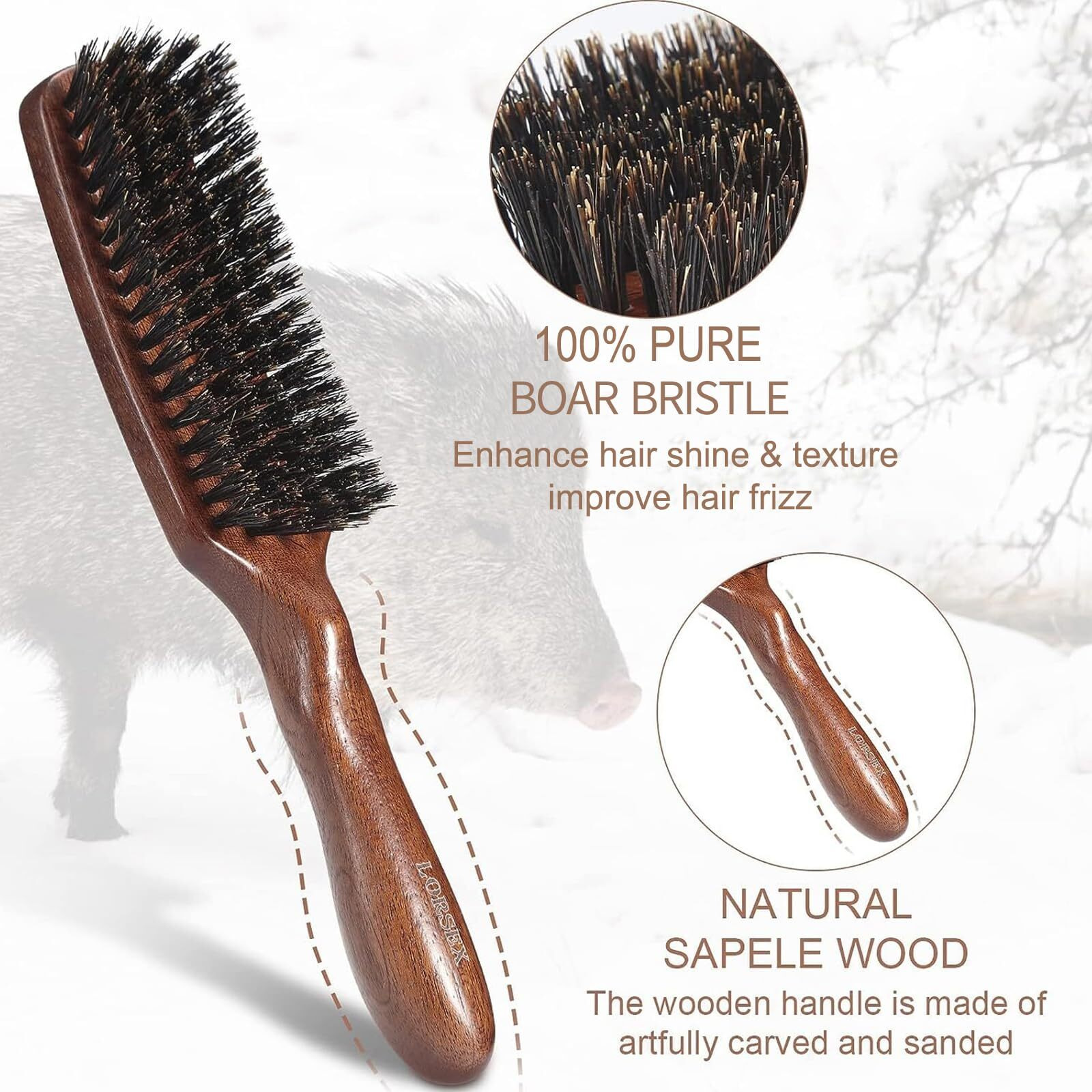 Lorsex Hair Brush For Men  Boar Bristles Brush For Fine Thin Medium Hair  Nature Boar Hairbrush For Beard Styling