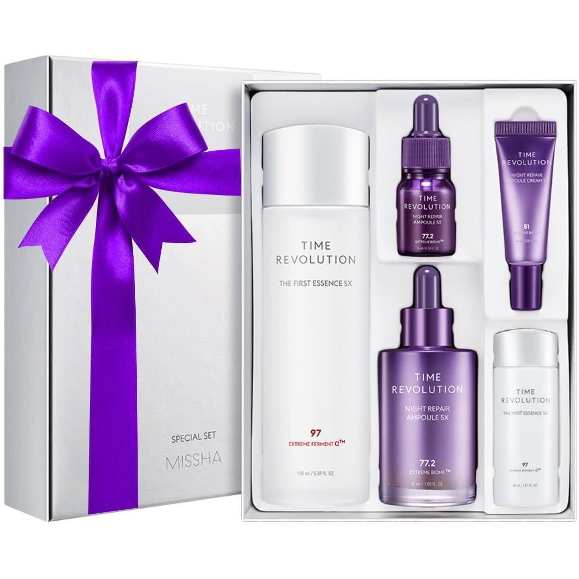 Missha Time Revolution Night Repair 5X Gift Set Night Repair Ampoule And Cream 5X  The First Essence 5X For Youthful  Glowing Skin