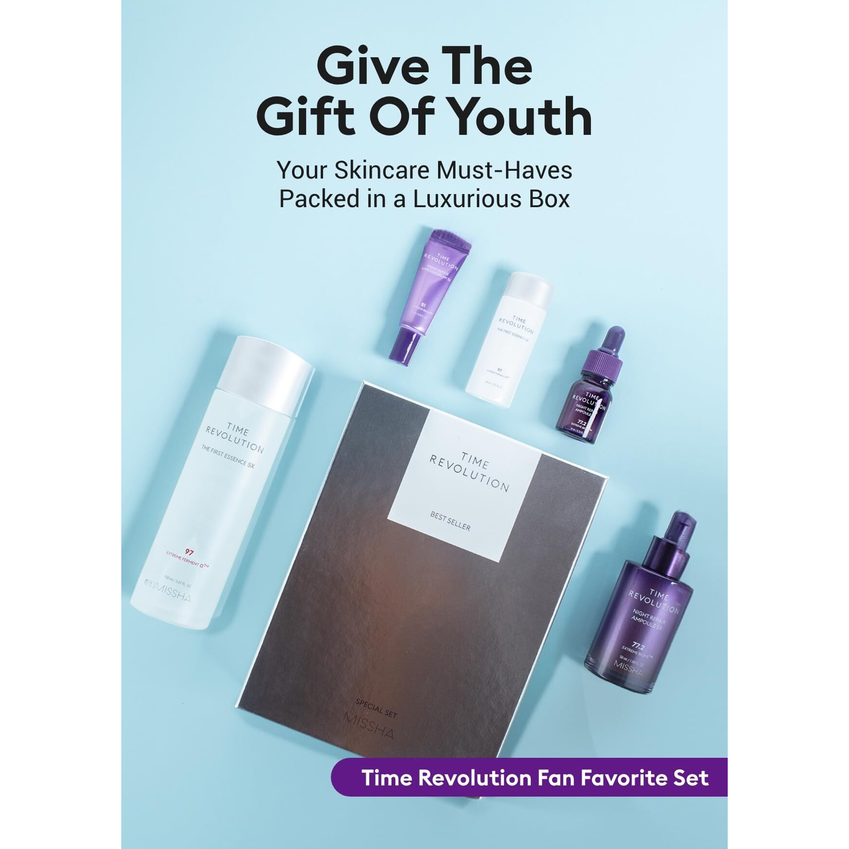 Missha Time Revolution Night Repair 5X Gift Set Night Repair Ampoule And Cream 5X  The First Essence 5X For Youthful  Glowing Skin