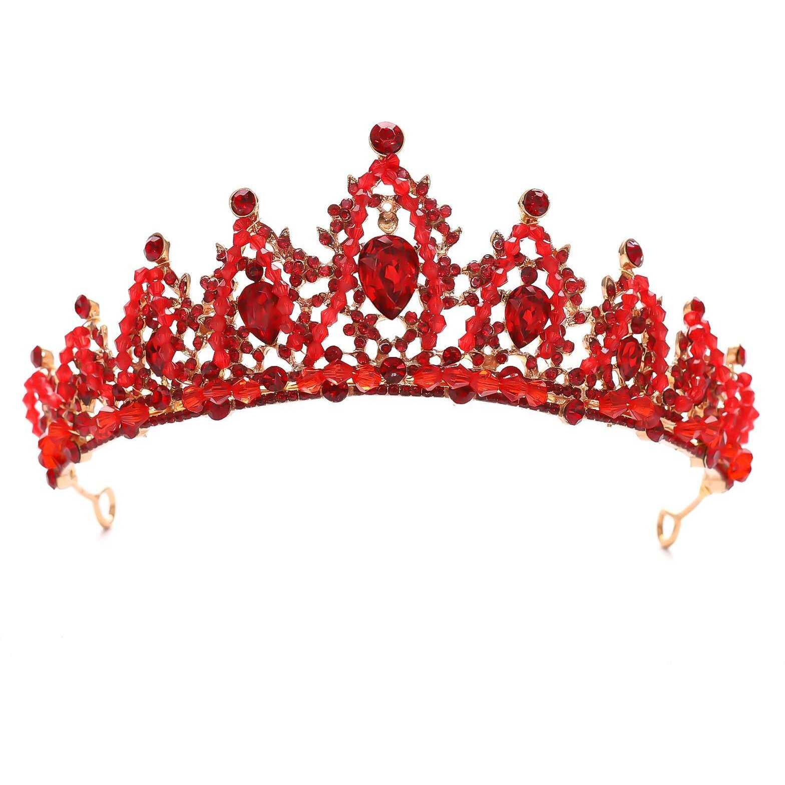 Forseven Crystal Wedding Crown Rhinestone Headband Princess Birthday Party Tiaras Bridal Wedding Accessories (Red)