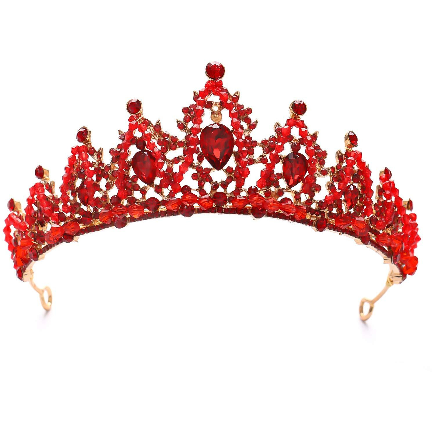 Forseven Crystal Wedding Crown Rhinestone Headband Princess Birthday Party Tiaras Bridal Wedding Accessories (Red)