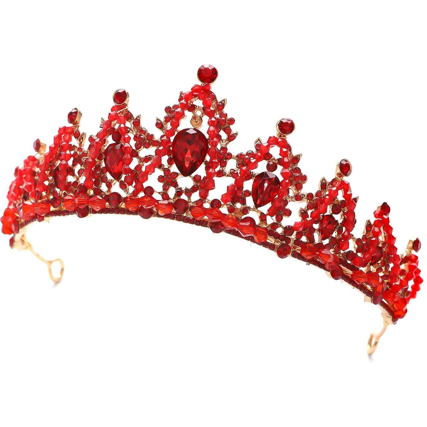 Forseven Crystal Wedding Crown Rhinestone Headband Princess Birthday Party Tiaras Bridal Wedding Accessories (Red)