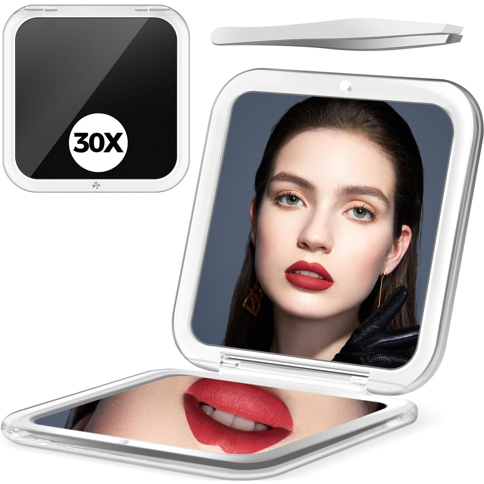 Compact Mirror  30X Magnifying Mirror  Square Travel Makeup Mirror  3.3X3.3 Inch Small Pocket Mirror  2-Sided Travel Essential Mirror  Women's Magnetic Portable Mirror With Precision Tweezers  Black