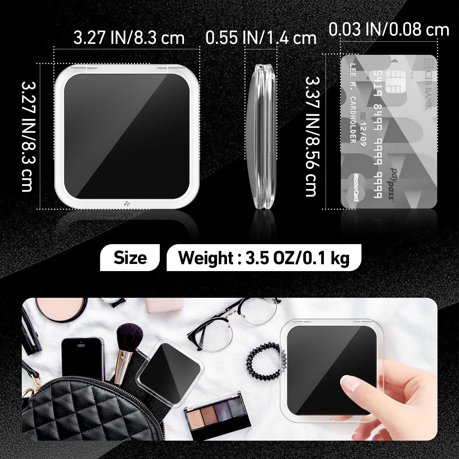 Compact Mirror  30X Magnifying Mirror  Square Travel Makeup Mirror  3.3X3.3 Inch Small Pocket Mirror  2-Sided Travel Essential Mirror  Women's Magnetic Portable Mirror With Precision Tweezers  Black