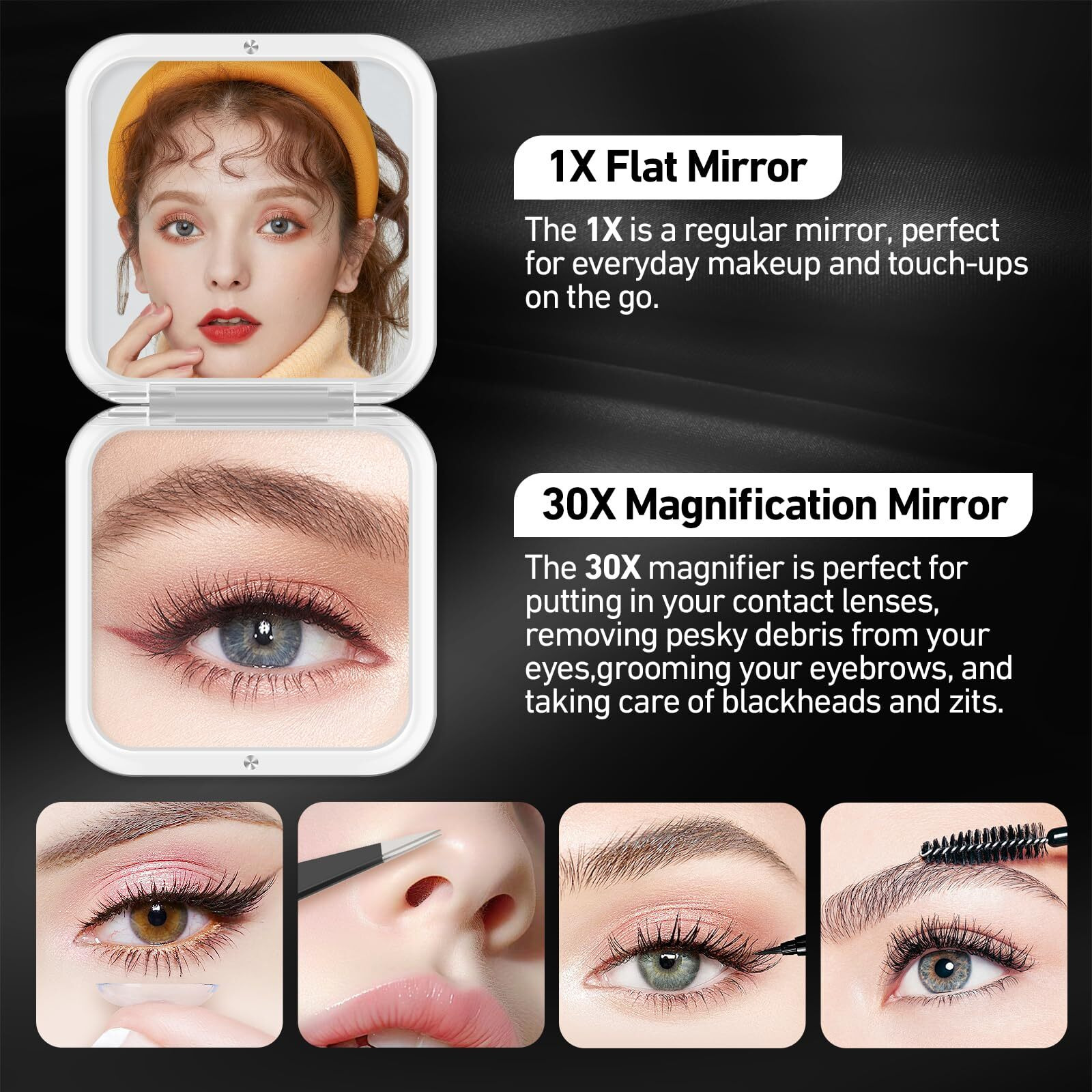 Compact Mirror  30X Magnifying Mirror  Square Travel Makeup Mirror  3.3X3.3 Inch Small Pocket Mirror  2-Sided Travel Essential Mirror  Women's Magnetic Portable Mirror With Precision Tweezers  Black