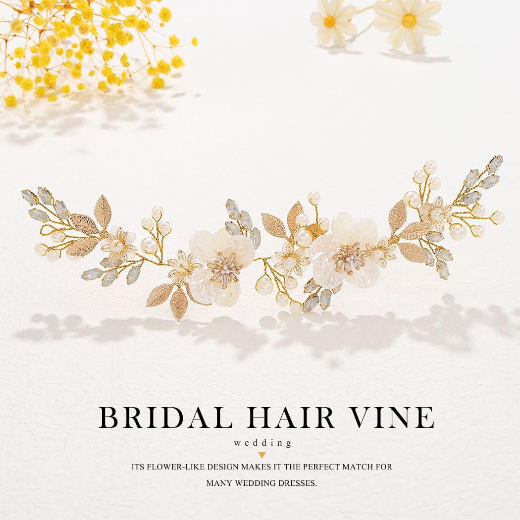 Earent Bride Wedding Flower Hair Vine Gold Crystal Hair Piece Bridal Bridesmaid Pearl Hair Accessories For Women