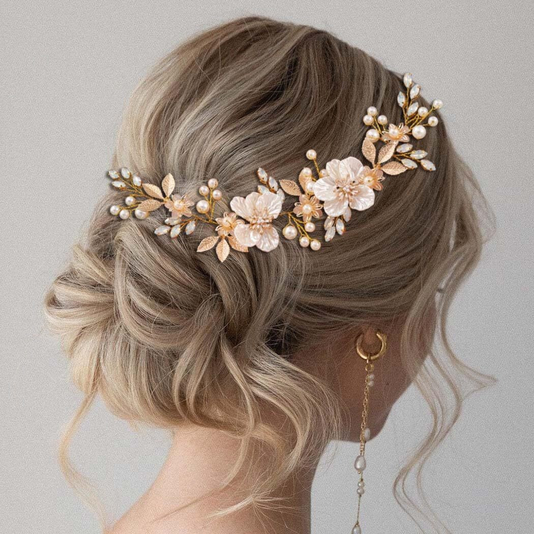 Earent Bride Wedding Flower Hair Vine Gold Crystal Hair Piece Bridal Bridesmaid Pearl Hair Accessories For Women