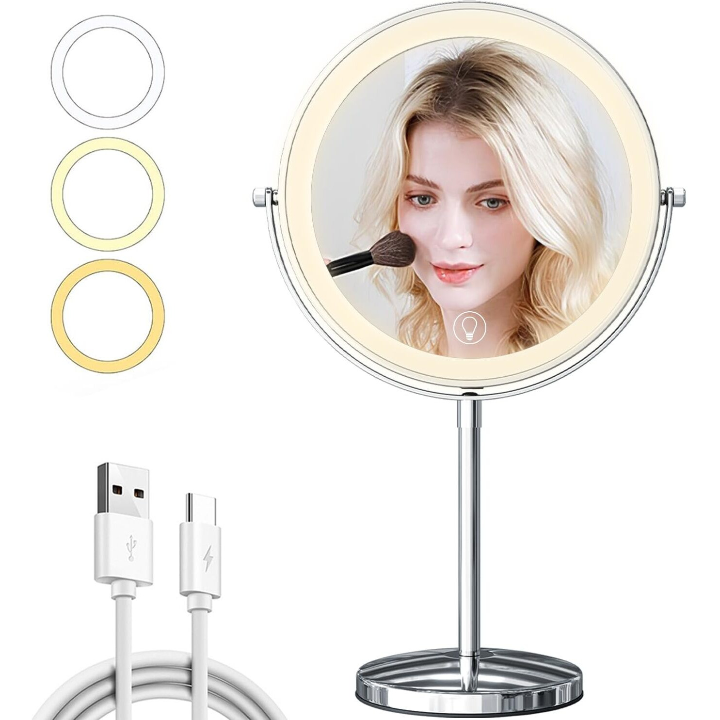 9In Makeup Mirror With Lights  3X/20X 5000Mah Rechargeable Lighted Makeup Mirror With Magnification  360 Rotate Magnifying Mirror 3 Color Dimmable Up 3800Lux 80 Leds No Height Adjustment Silvery