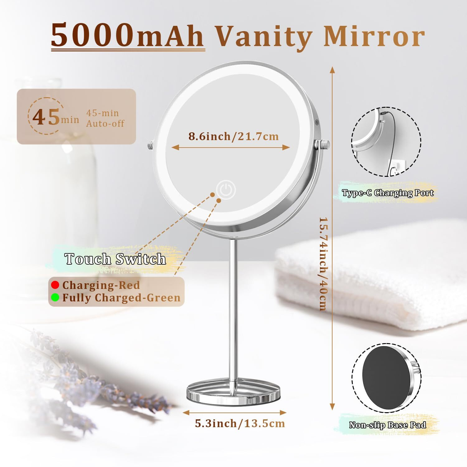 9In Makeup Mirror With Lights  3X/20X 5000Mah Rechargeable Lighted Makeup Mirror With Magnification  360 Rotate Magnifying Mirror 3 Color Dimmable Up 3800Lux 80 Leds No Height Adjustment Silvery