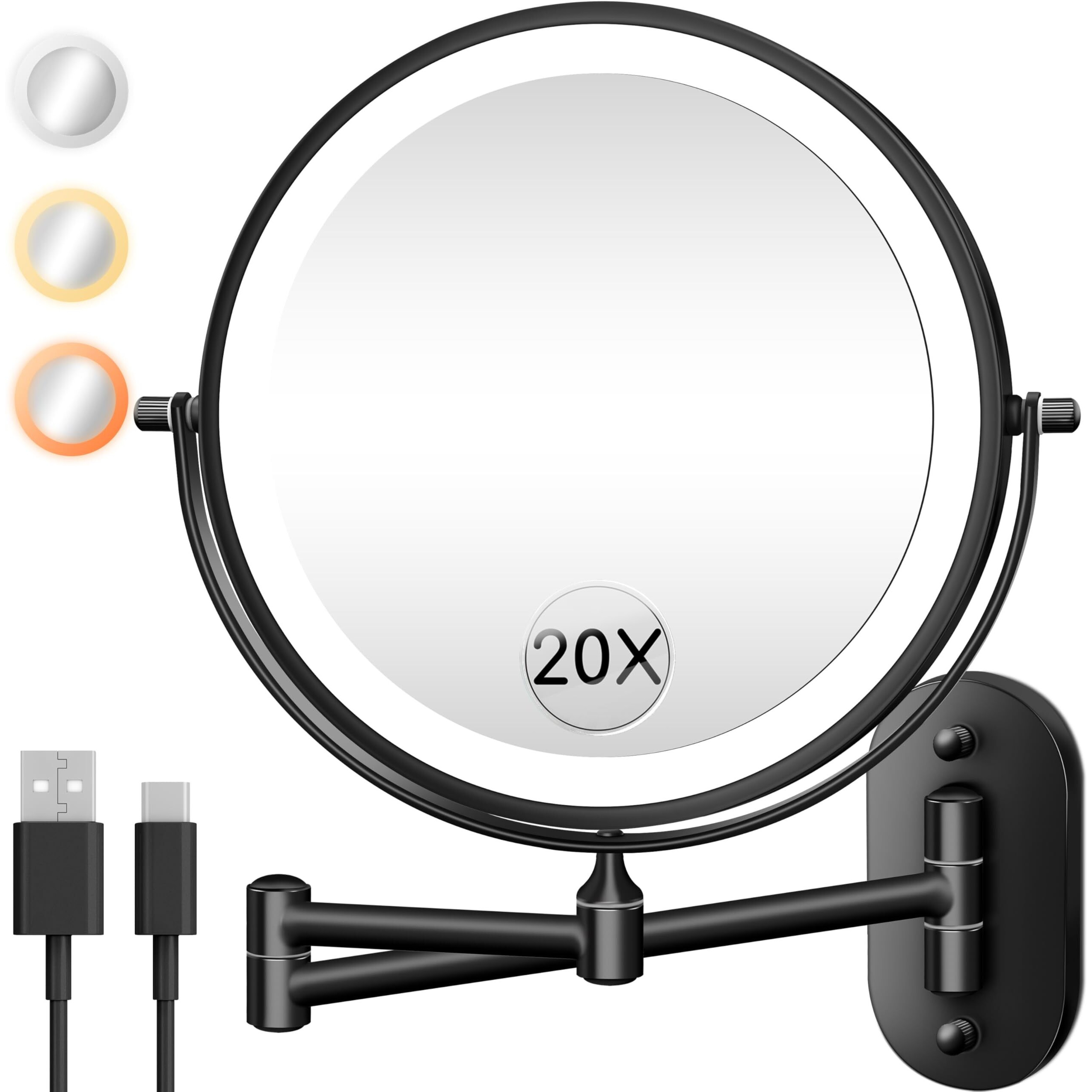 Wall Mounted Makeup Mirror With Light  20X/1X 8 ' ' Double Sided Led Magnifying Bathroom Lighted Vanity Mirror With Magnification  3 Color Light Up Touch Dimmable Extended Arm 360 Rotation
