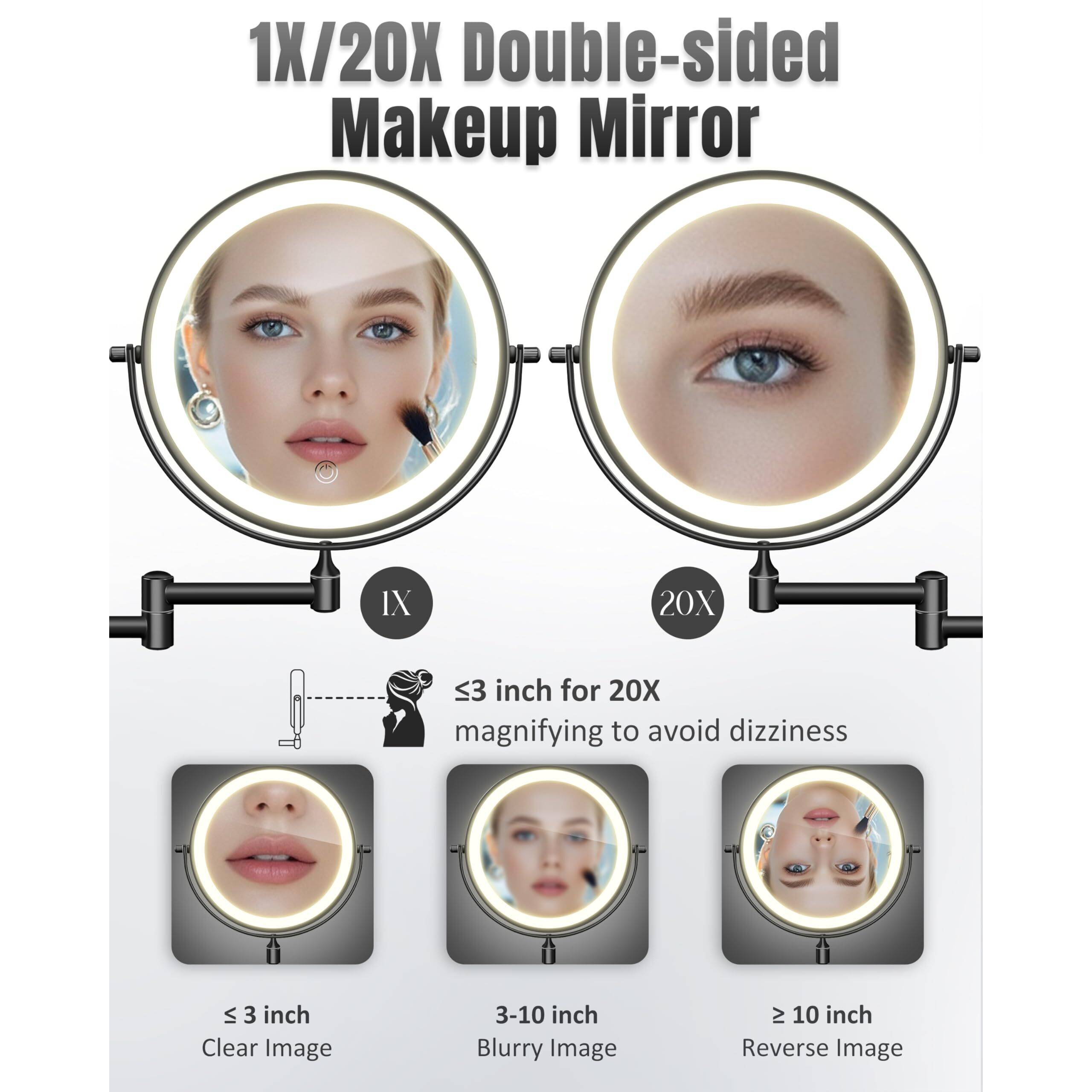 Wall Mounted Makeup Mirror With Light  20X/1X 8 ' ' Double Sided Led Magnifying Bathroom Lighted Vanity Mirror With Magnification  3 Color Light Up Touch Dimmable Extended Arm 360 Rotation