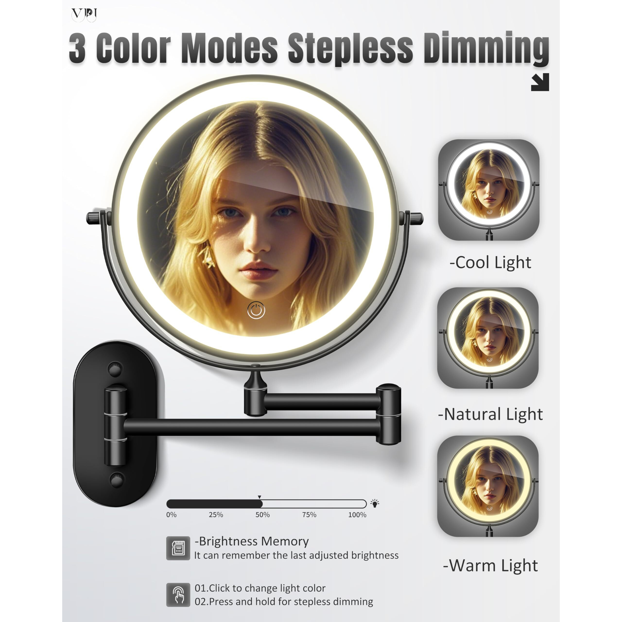 Wall Mounted Makeup Mirror With Light  20X/1X 8 ' ' Double Sided Led Magnifying Bathroom Lighted Vanity Mirror With Magnification  3 Color Light Up Touch Dimmable Extended Arm 360 Rotation