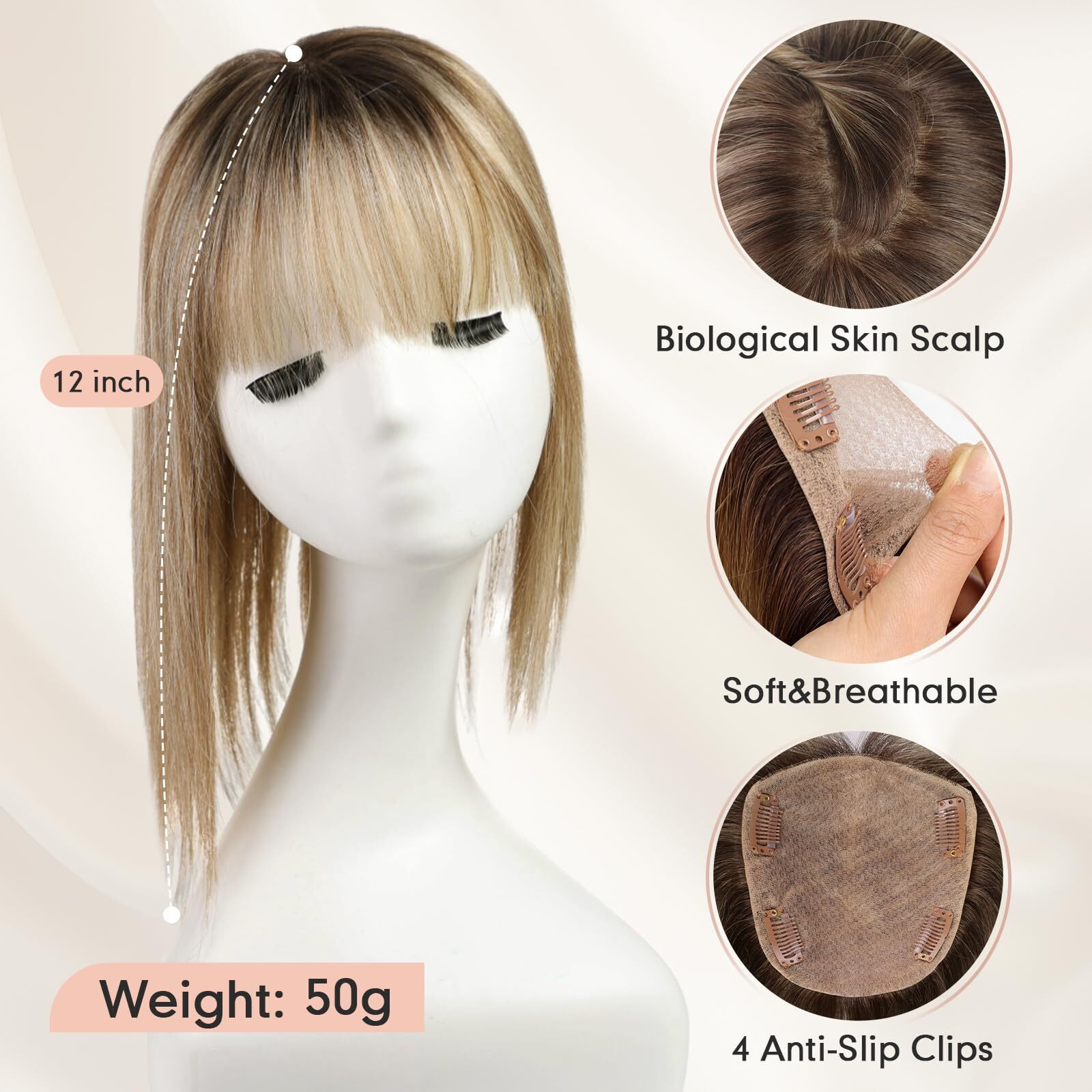 Starluck Hair Toppers For Women With Bangs  5""*5.5"&quotLarge Coverage Ombre Light Brown With Blond Highlight 100% Real Human Hair Toppers For Women With Thinning Hair Cover Gray Hair Roots