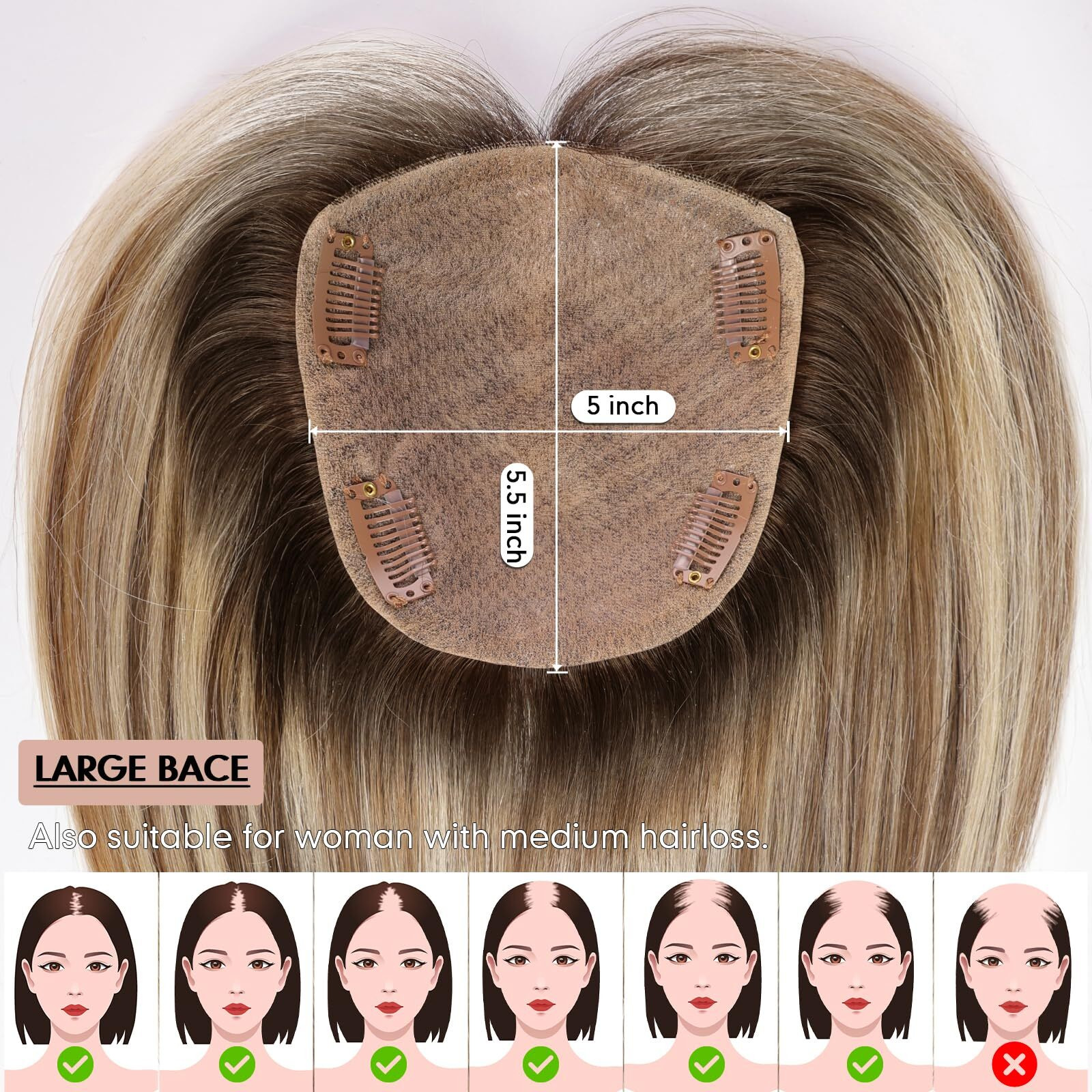 Starluck Hair Toppers For Women With Bangs  5""*5.5"&quotLarge Coverage Ombre Light Brown With Blond Highlight 100% Real Human Hair Toppers For Women With Thinning Hair Cover Gray Hair Roots