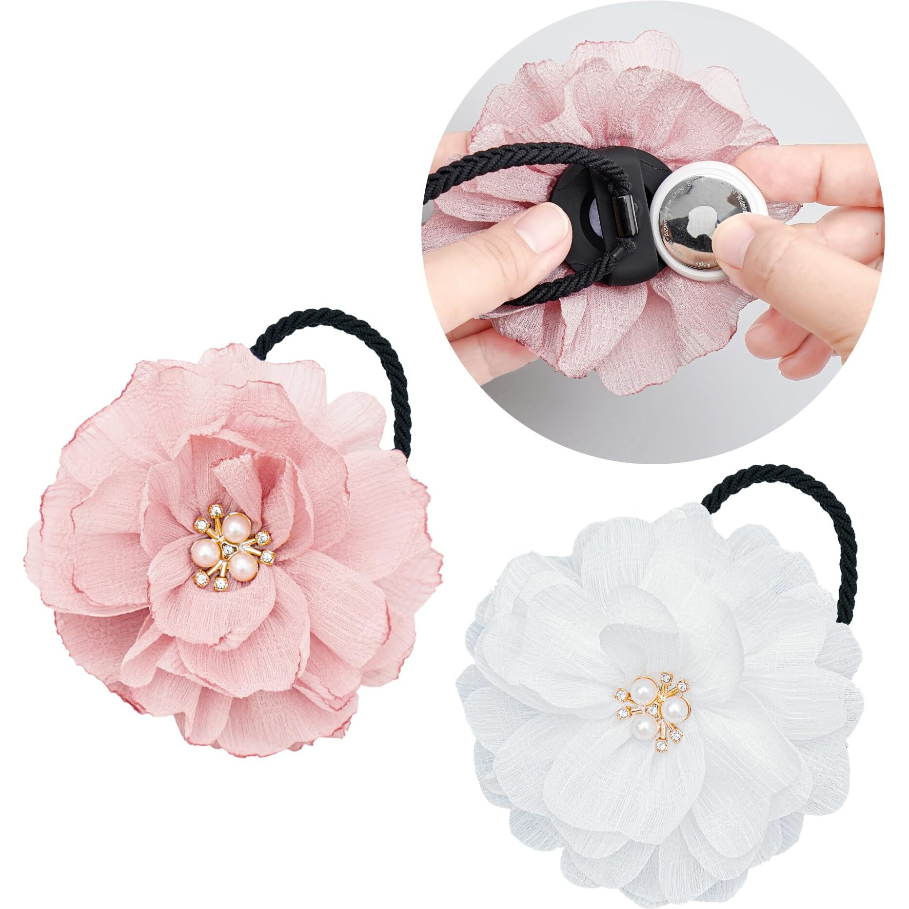 Xeewen 2 Pack Airtag Hair Ties Holder For Kids  Cute Flower Hidden Hair Elastic Band Gps Tracker Case For Apple Airtag (Pink White  Thick Hair)