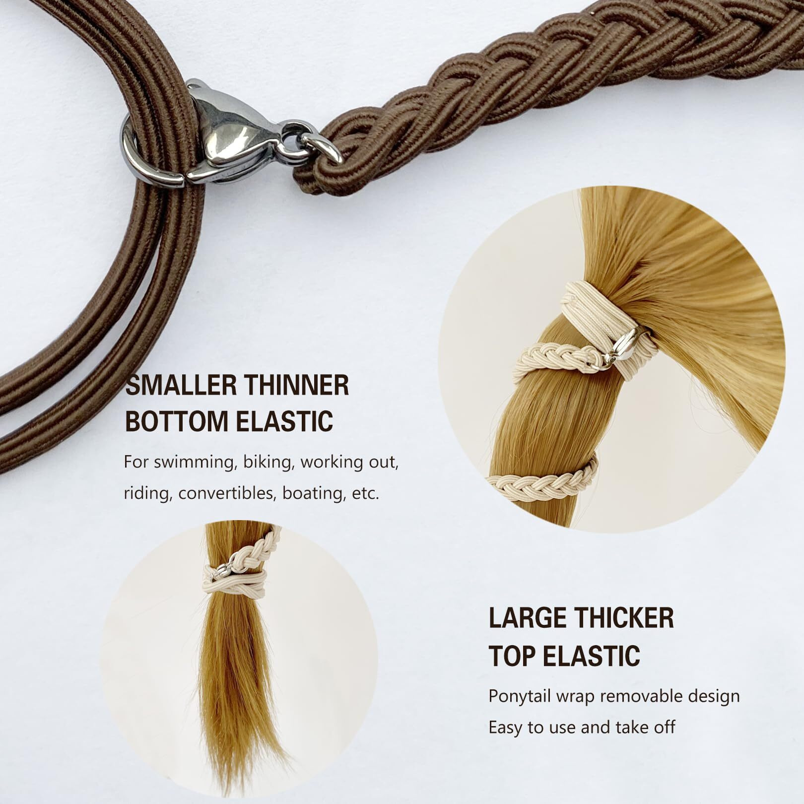 Spiral Hair Tie Sprots Ponytail Holders  Elastic Braided Hair Ties No Damage  Pony Tail Wrap For Long Hair For Gym  Swimming  Diving 3Pcs 16"" Black Blonde Brown