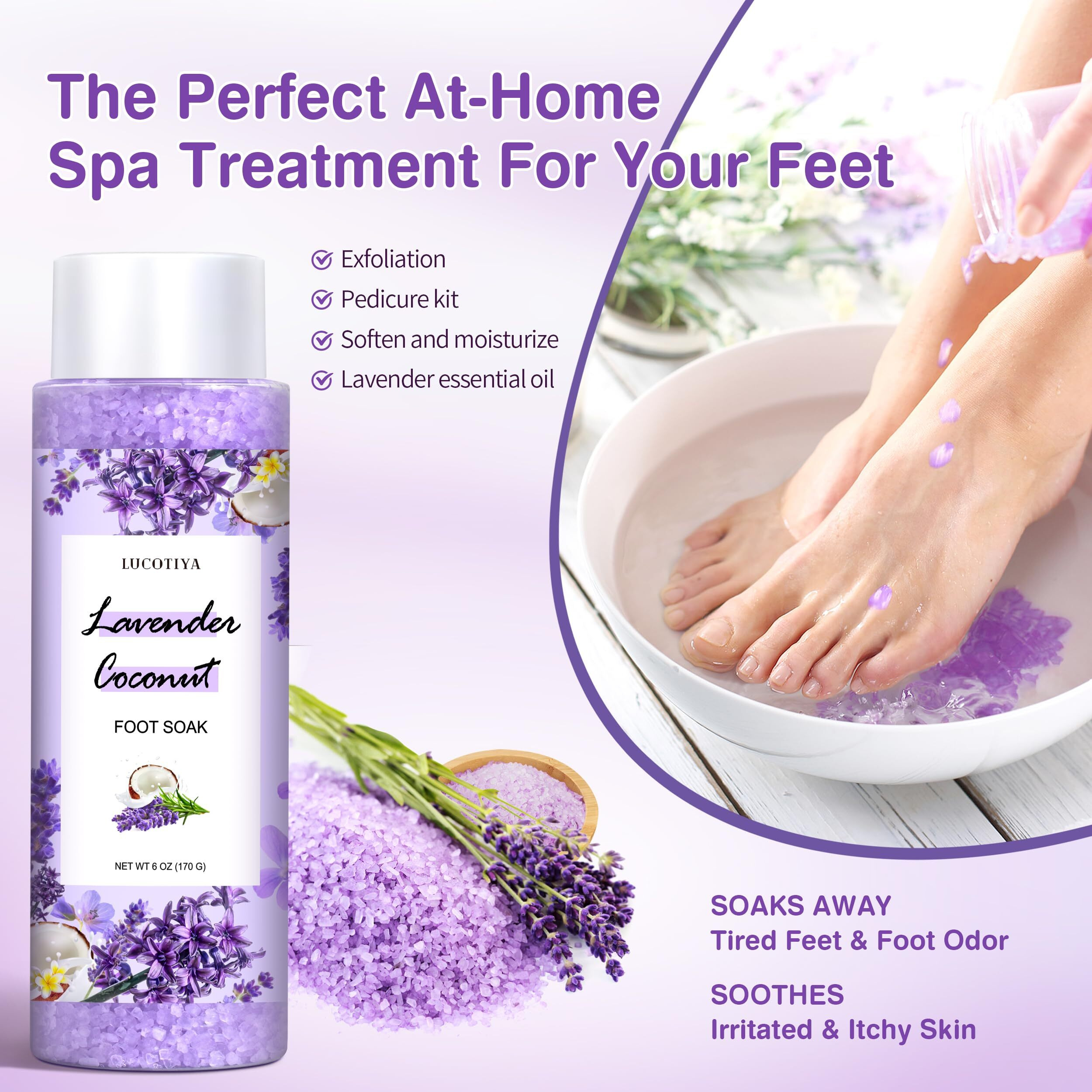Foot Soak Set Feet Callus Remover Pedicure Set - Lavender Foot Soak Salts Foot File Foot Scrub & Urea Foot Cream Pedicure Supplies For Dry Cracked Feet Foot Spa Kit For Women