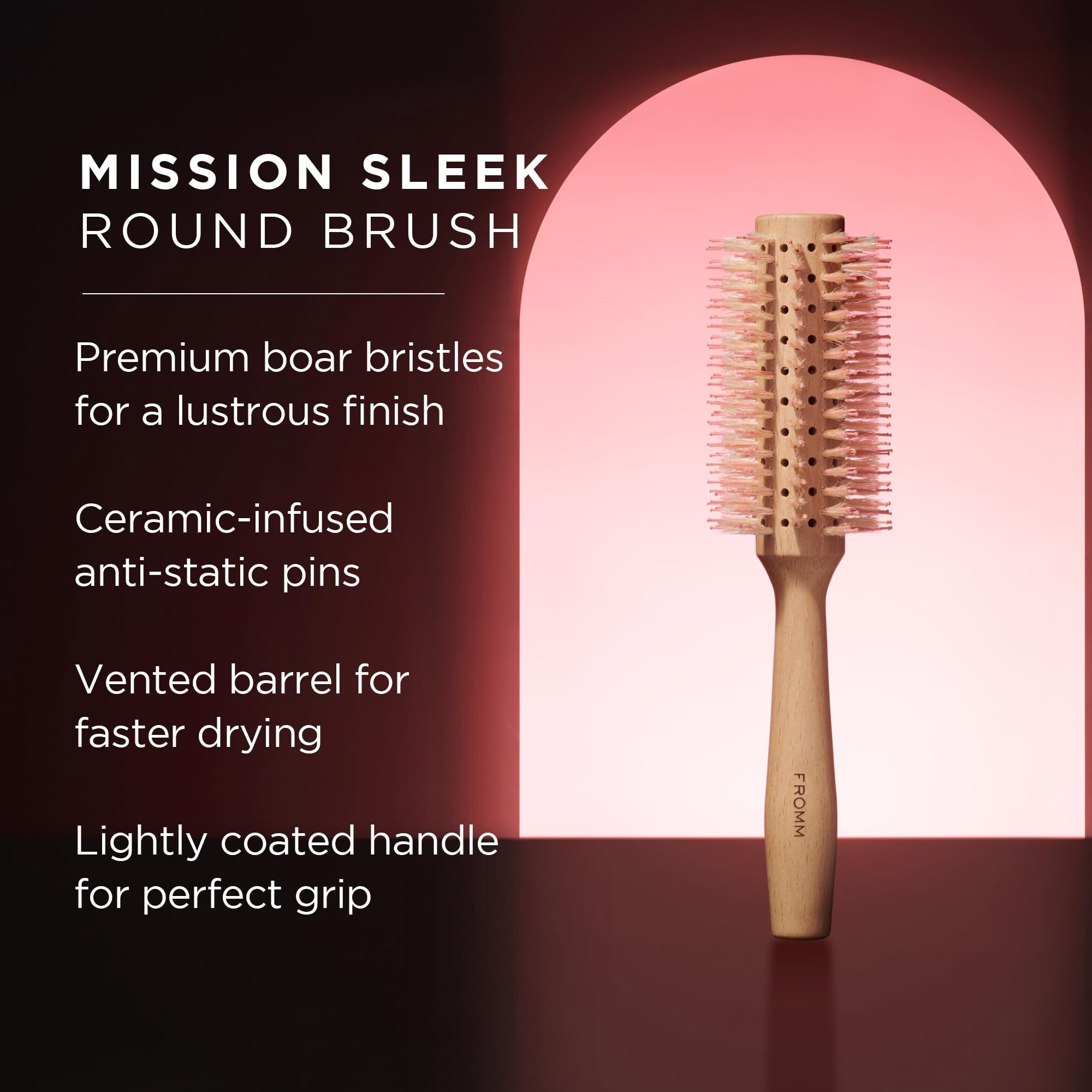 Fromm Mission Sleek Vented Round Boar Brush For Smooth  Lustrous Blowouts Even On Frizz-Prone Hair | Roller Hairbrush With Natural Boar For Anti-Static Styling  Smoothing  Straightening And Shine