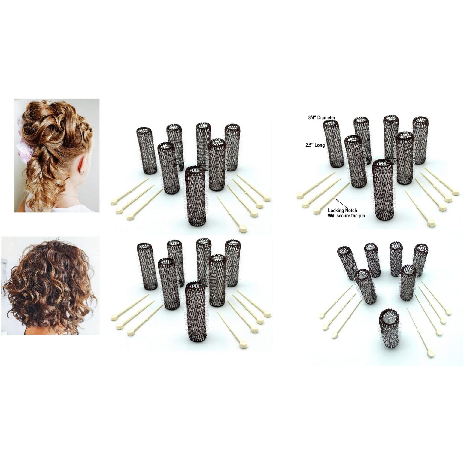 Alazco 28 Pc Vintage Style Hair Roller Medium Brush Rollers & Pins Mesh Hair Curlers With Bristles 2.5"&quotX 3/4""  With Flexible Locking Pins