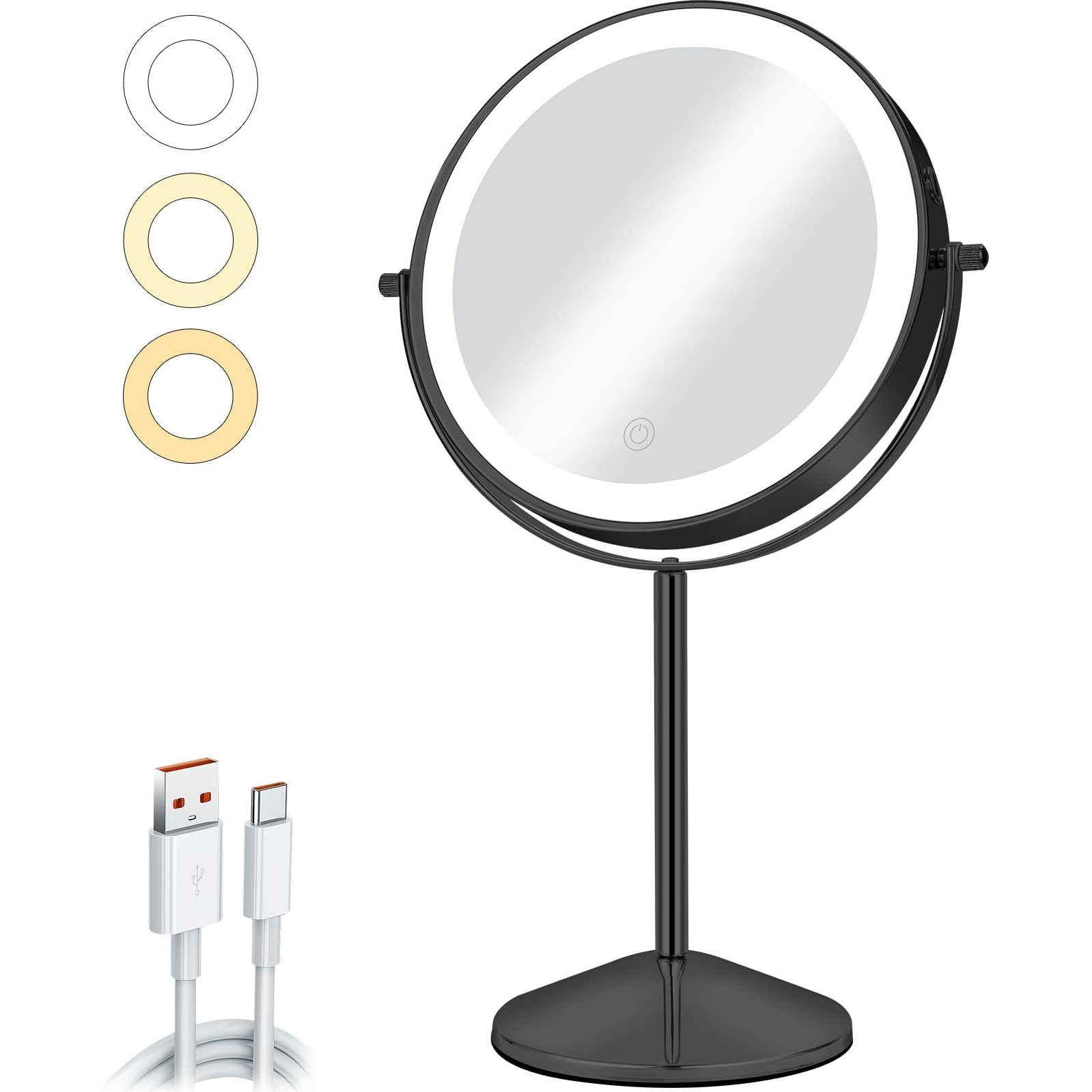 Aumvum 8"" Vanity Mirror With Lights Rechargeable  1X/10X Magnifying Mirror With Light Double Sided Touch Screen 3 Colors 54 Led Lights Brightness Adjustable 360 Rotation For Bedrooms