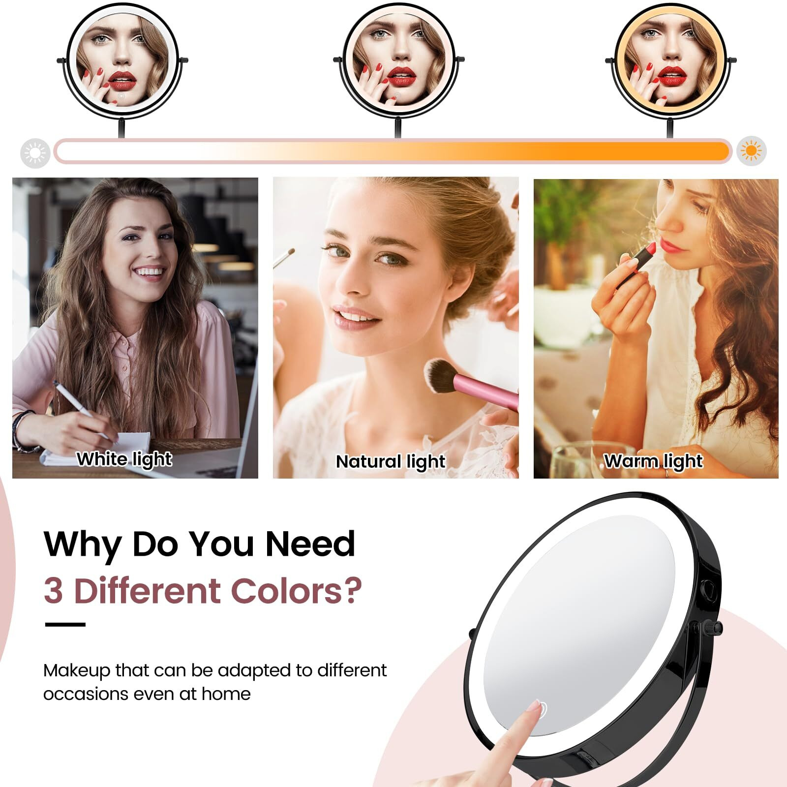 Aumvum 8"" Vanity Mirror With Lights Rechargeable  1X/10X Magnifying Mirror With Light Double Sided Touch Screen 3 Colors 54 Led Lights Brightness Adjustable 360 Rotation For Bedrooms