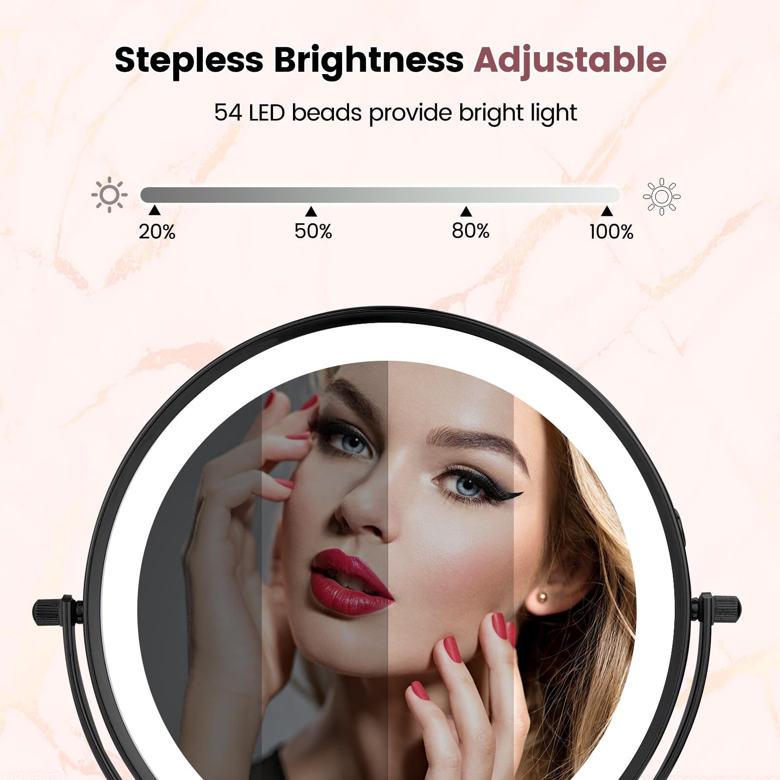 Aumvum 8"" Vanity Mirror With Lights Rechargeable  1X/10X Magnifying Mirror With Light Double Sided Touch Screen 3 Colors 54 Led Lights Brightness Adjustable 360 Rotation For Bedrooms