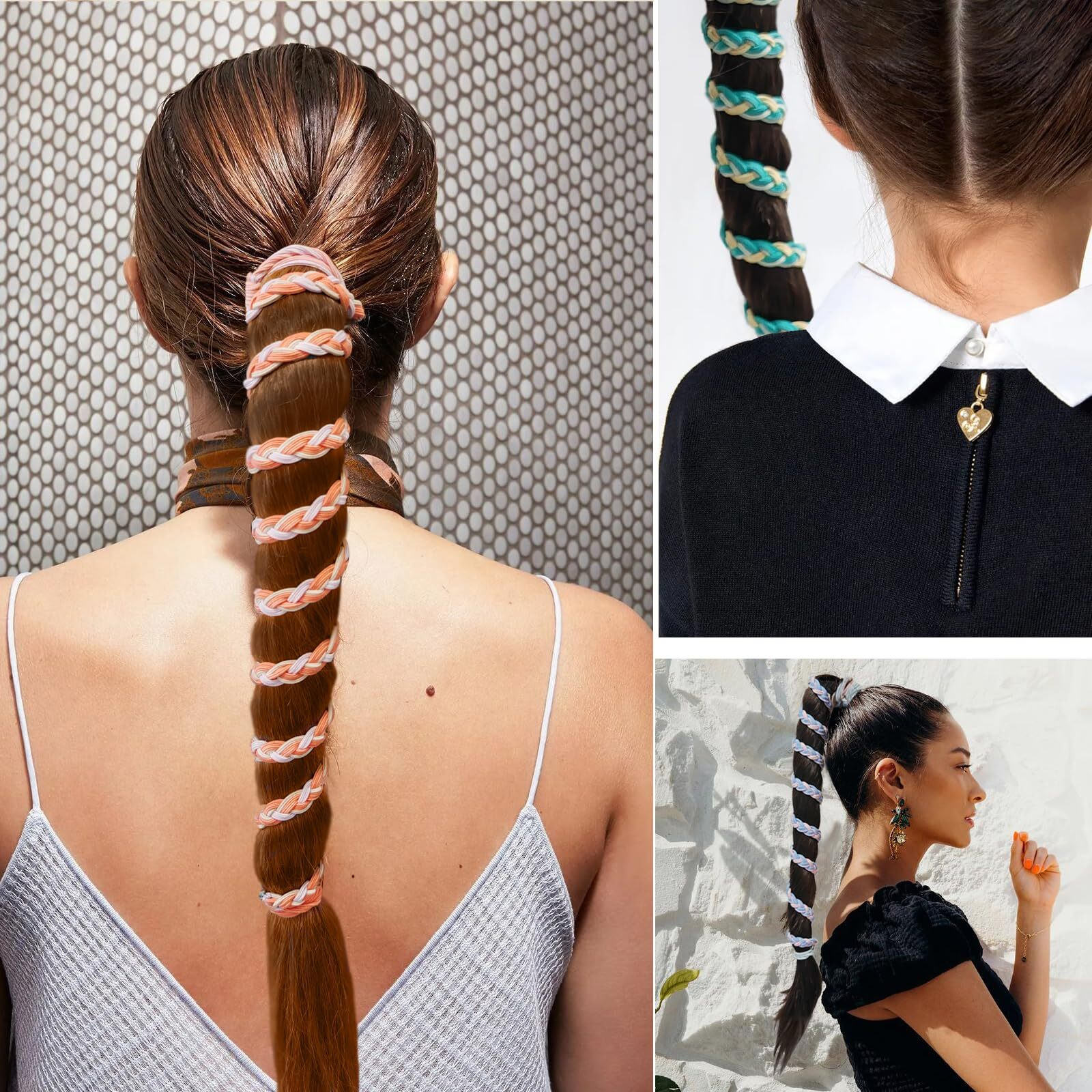 Elastic Spiral Hair Ties For Long Thick Curly Hair  27"" Soft Ponytail Holders Braided Pony Tails Wrap Hair Tie No Damage For Women Girls Stretchy Hair Bands For Wind Sports Motorcycle Skiing -3 Packs