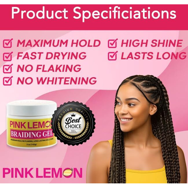 Pink Lemon Braiding Gel (5 Oz) - Maximum Hold  No Flaking  Long Lasting Hold  High Shine. For Micro  Inter  Dread  Faux  Loc  Twist  Braid  Edge.