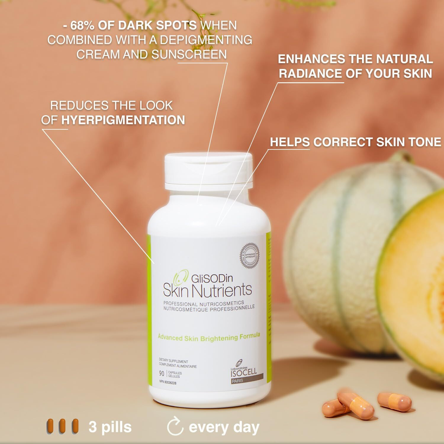 Glisodin Skin Nutrients Advanced Skin Brightening Formula - For Brighter  Clearer  And Firmer Complexion - Helps Reduce Blemishes - 90 Capsules