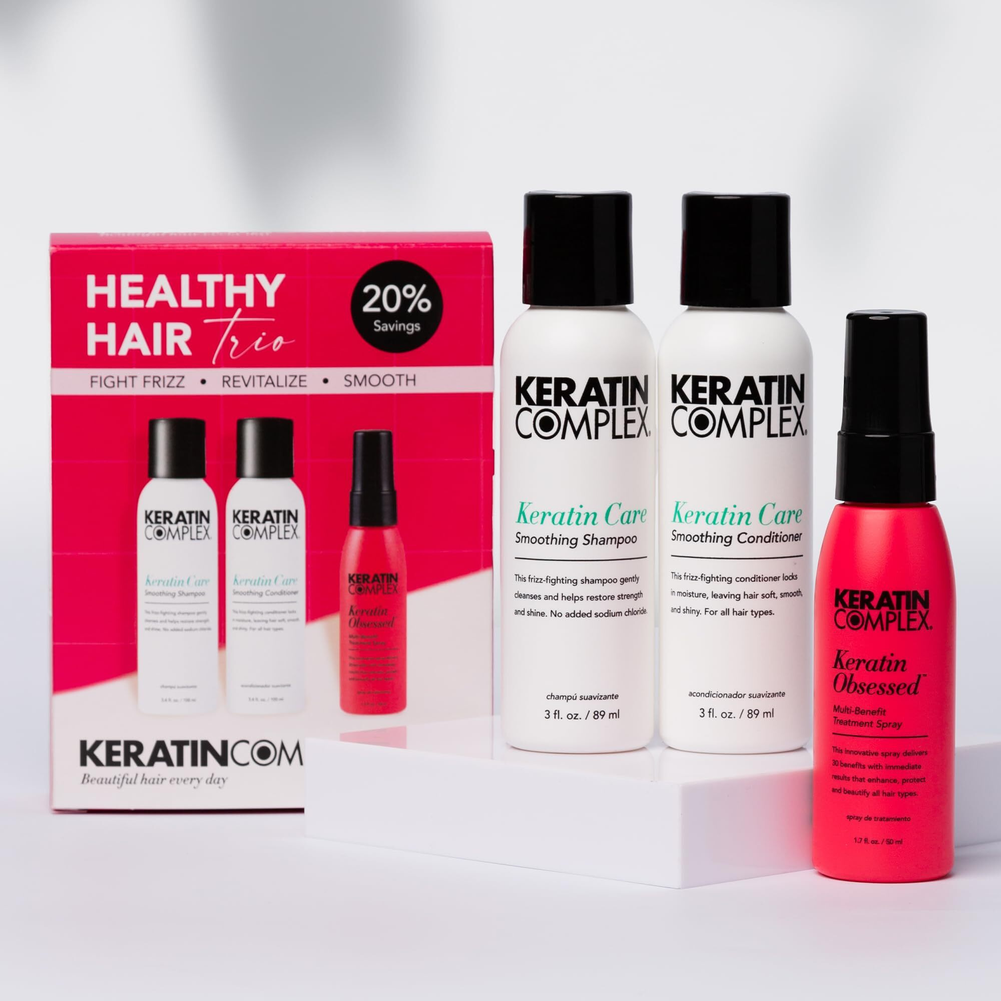 Keratin Complex - Healthy Hair Trio - Keratin Care Shampoo & Conditioner  3.4 Fl Oz & Keratin Obsessed Multi-Benefit Treatment Spray  1.7 Fl Oz