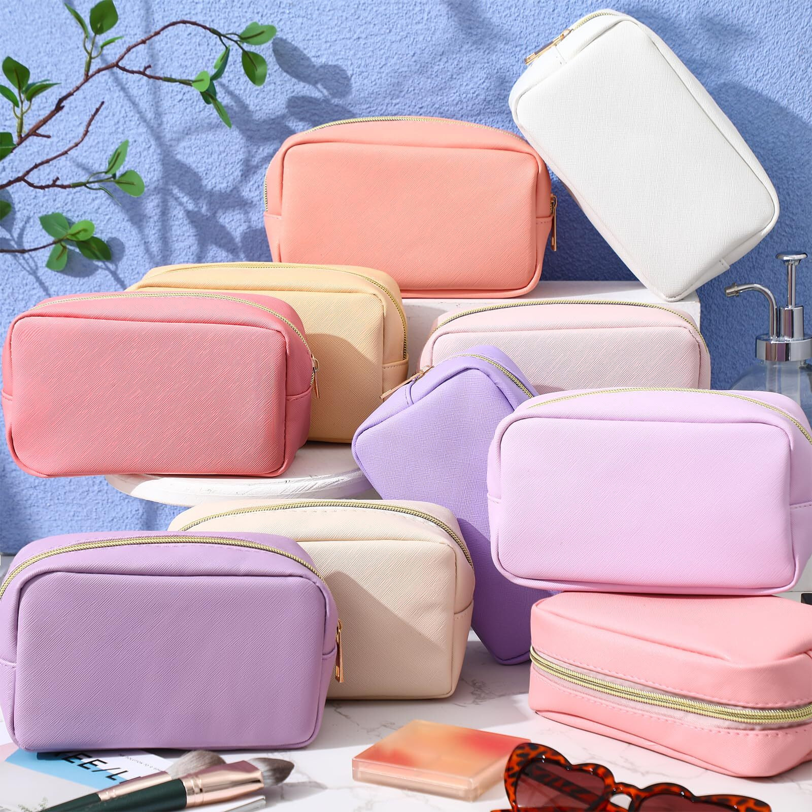 Sweetude 10 Pcs Preppy Makeup Bag Bulk Cosmetic Bag Valentine's Day Gift Return Gifts For Women Diy Toiletry Bag Birthday Gift Pu Leather Skincare Pouch Small Makeup Bag(Pink And Purple)