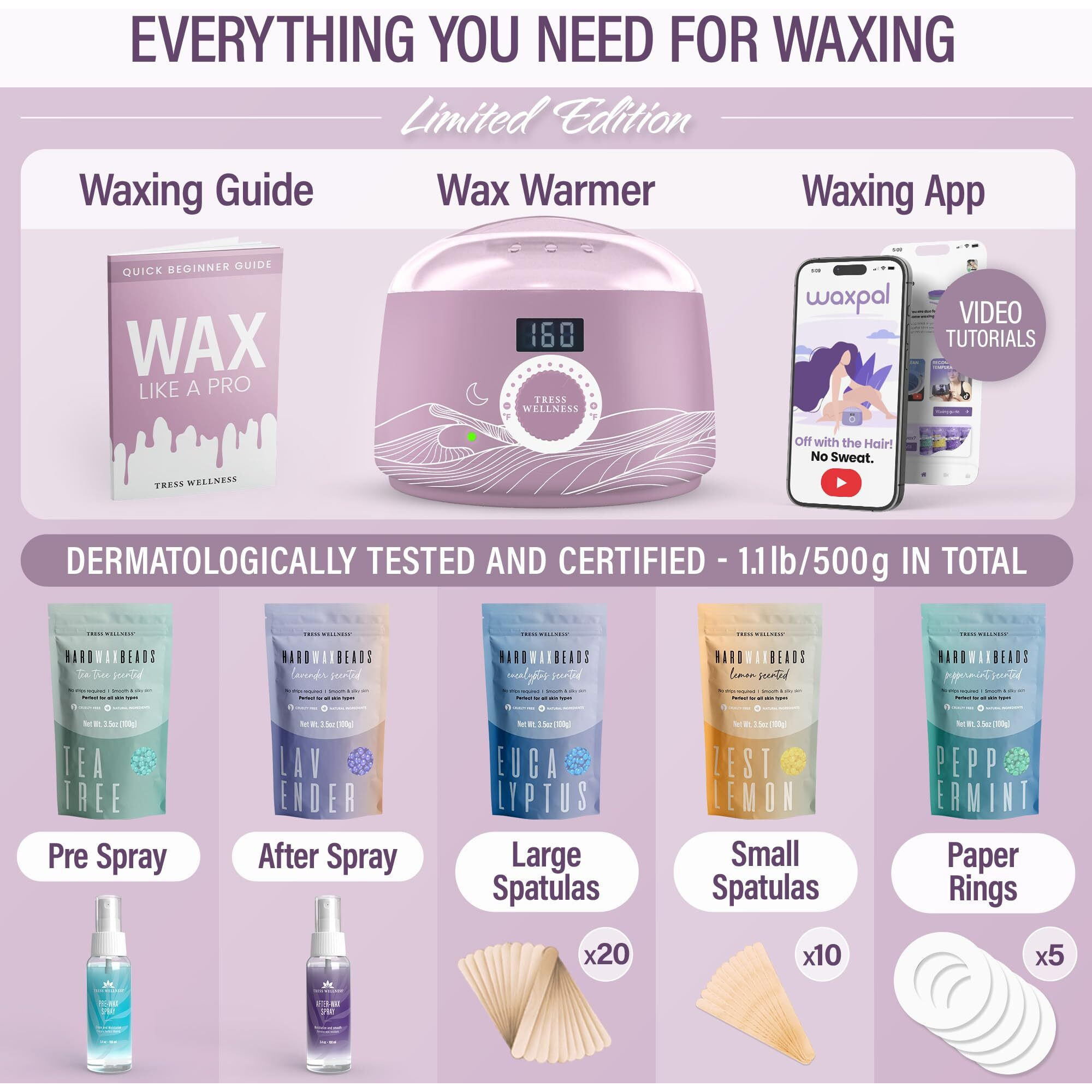 Tress Wellness Waxing Kit For Brazilian Wax - Easy To Use - For Sensitive Skin - Digital Display  Misty Lilac