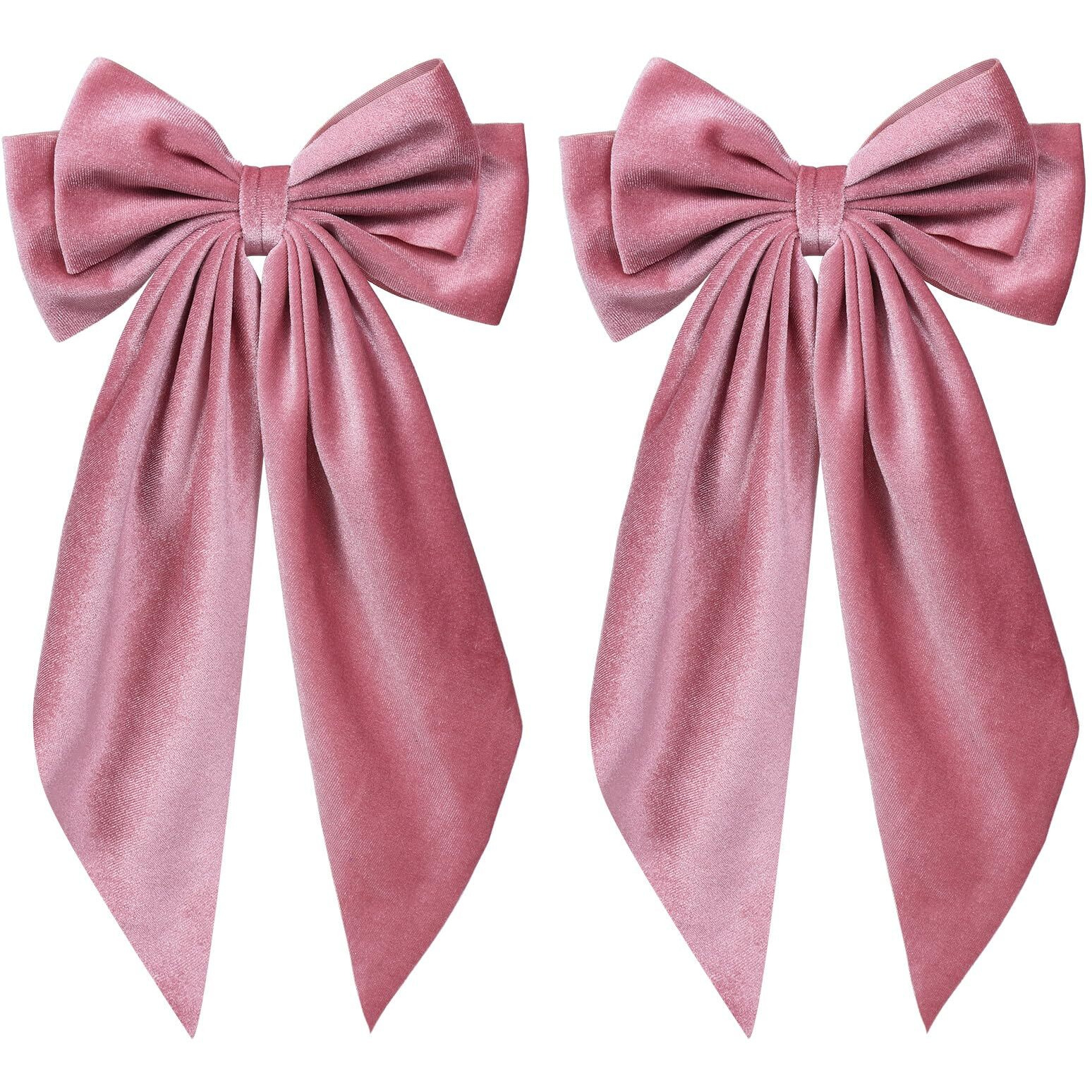 2Pc Beige Pink Velvet Ribbon Hair Bows With Long Tail For Women Girls Thick Hair Styling Accessory Oversized Bow-Knot French Hair Barrette Clips Clamp Fall Winter Early Spring Ponytail Holder Stuff