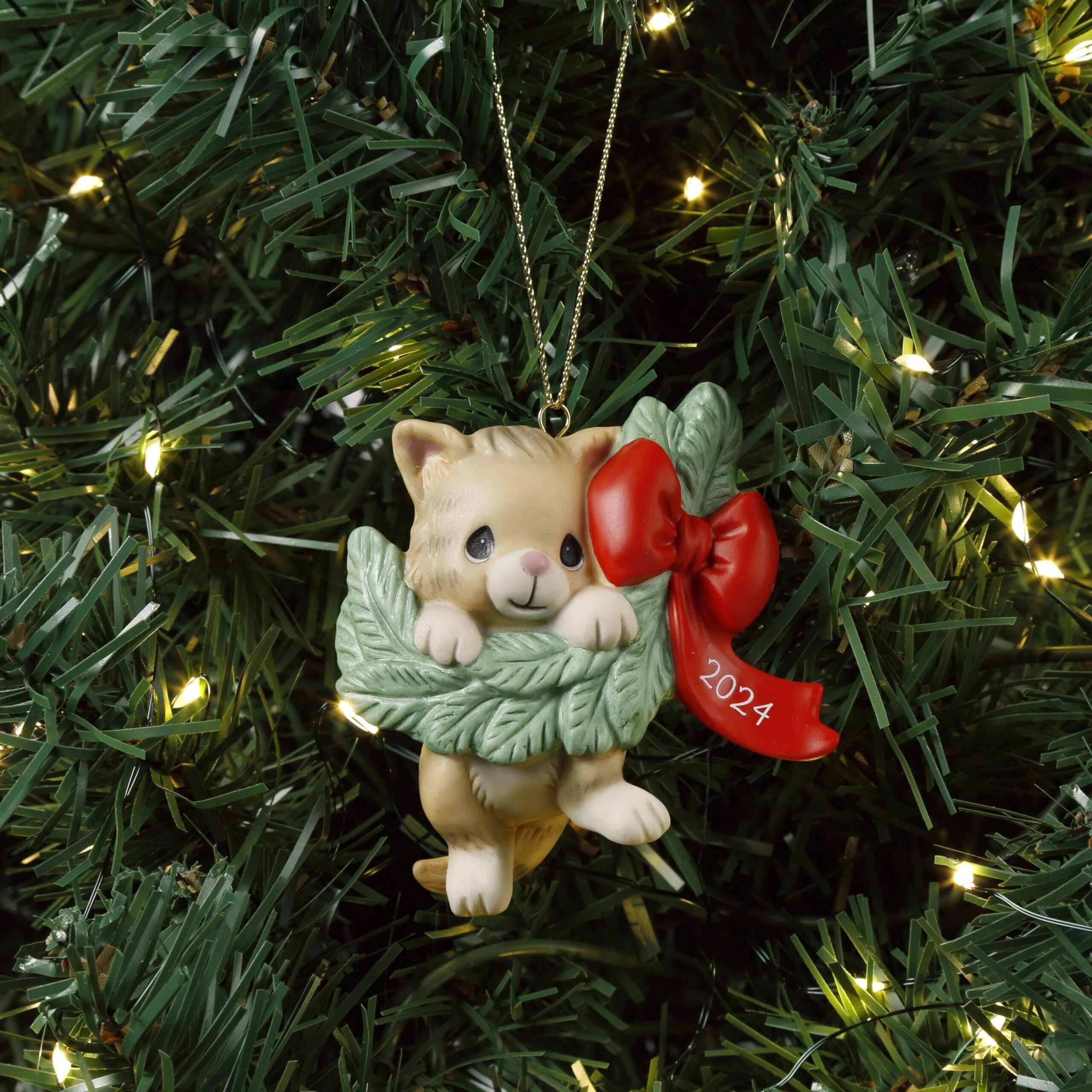 Precious Moments 2024 Dated Cat Ornament | Hanging Out For The Holidays Dated 2024 Cat Bisque Porcelain Ornament | Cat Christmas Decor & Gifts