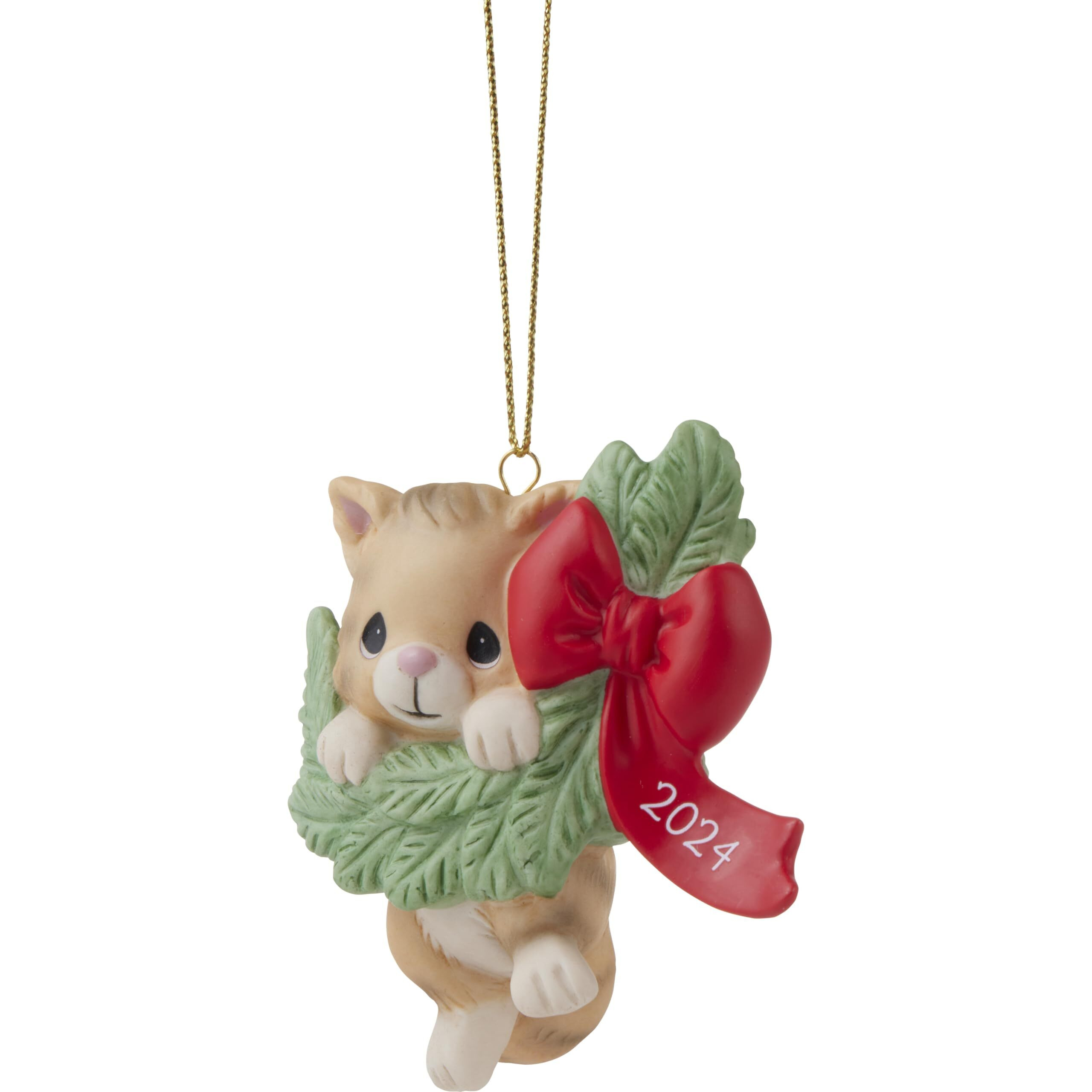 Precious Moments 2024 Dated Cat Ornament | Hanging Out For The Holidays Dated 2024 Cat Bisque Porcelain Ornament | Cat Christmas Decor & Gifts