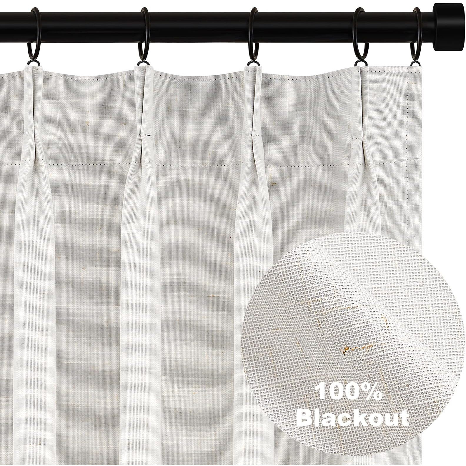 Topfinel Pinch Pleated Curtains 96 Inch Long  100% Blackout Thermal Insulated Natural Linen Pinch Pleat Viral Drapes With Hooks Rings 2 Panel Sets  Neutral Birch Ivory 8Ft Back Tab Window Curtains