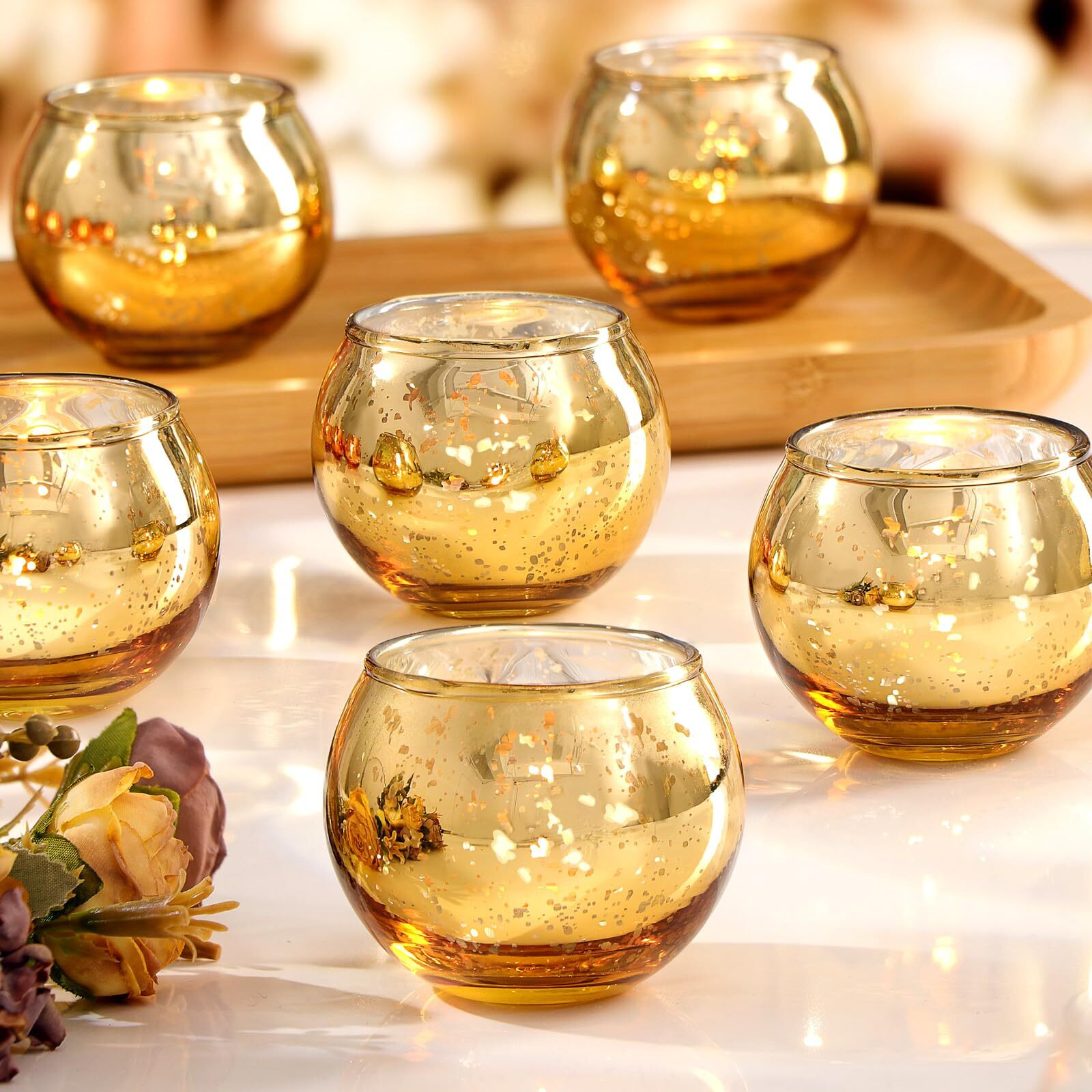 Lamorgift 24 Pcs Gold Votive Candle Holders- Gold Mercury Glass Votive Candle Holders  Gold Votives Bulk  Tea Lights Candle Holders For Wedding Table Decor  Bridal Shower Centerpieces