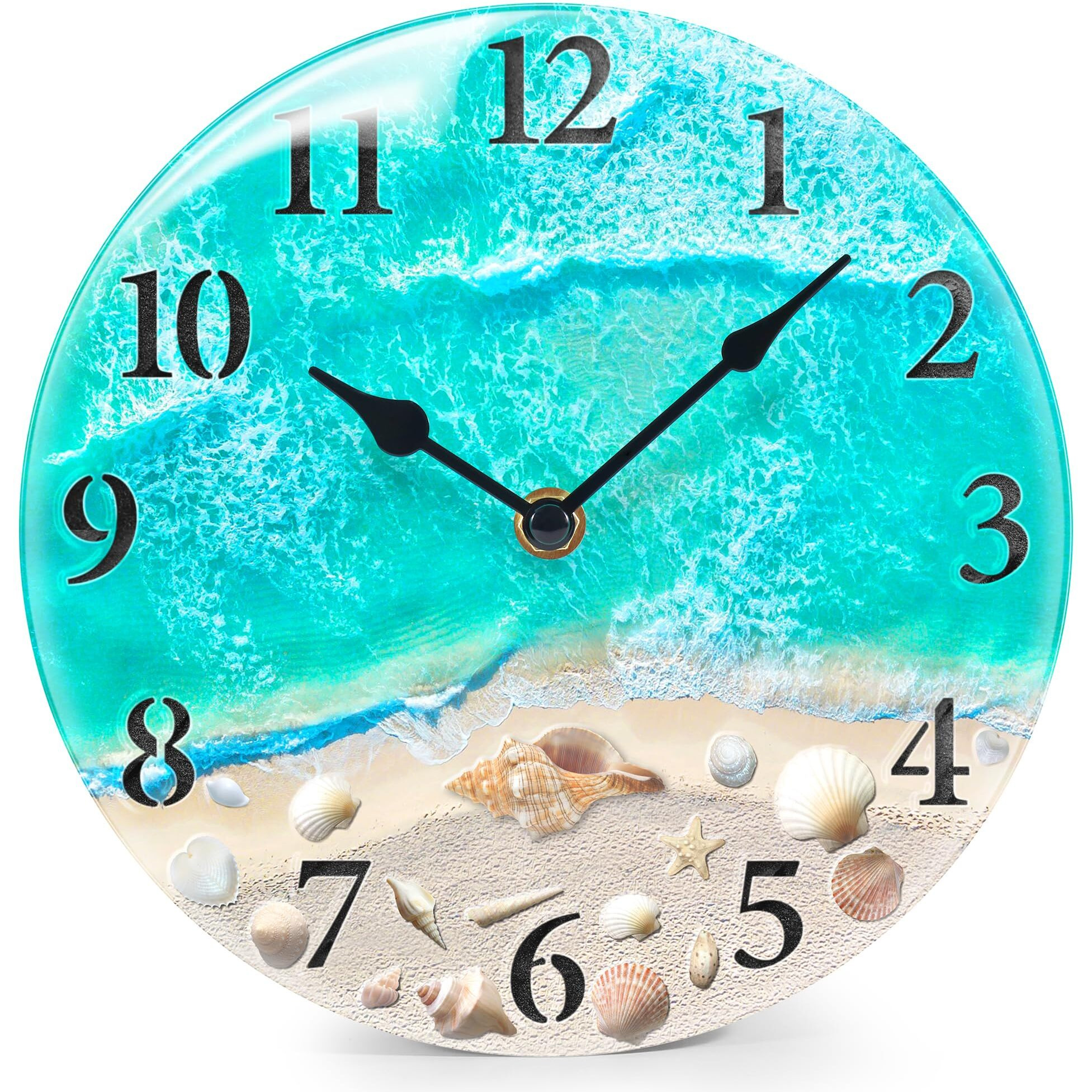 Coastal Nautical Glass Wall Clock With Seashell Design And Aesthetic Beach Theme - Battery Operated Silent Wall Decor For Home  Kitchen  Living Room  Office  Bedroom  Or Bathroom (8 Inch Teal)