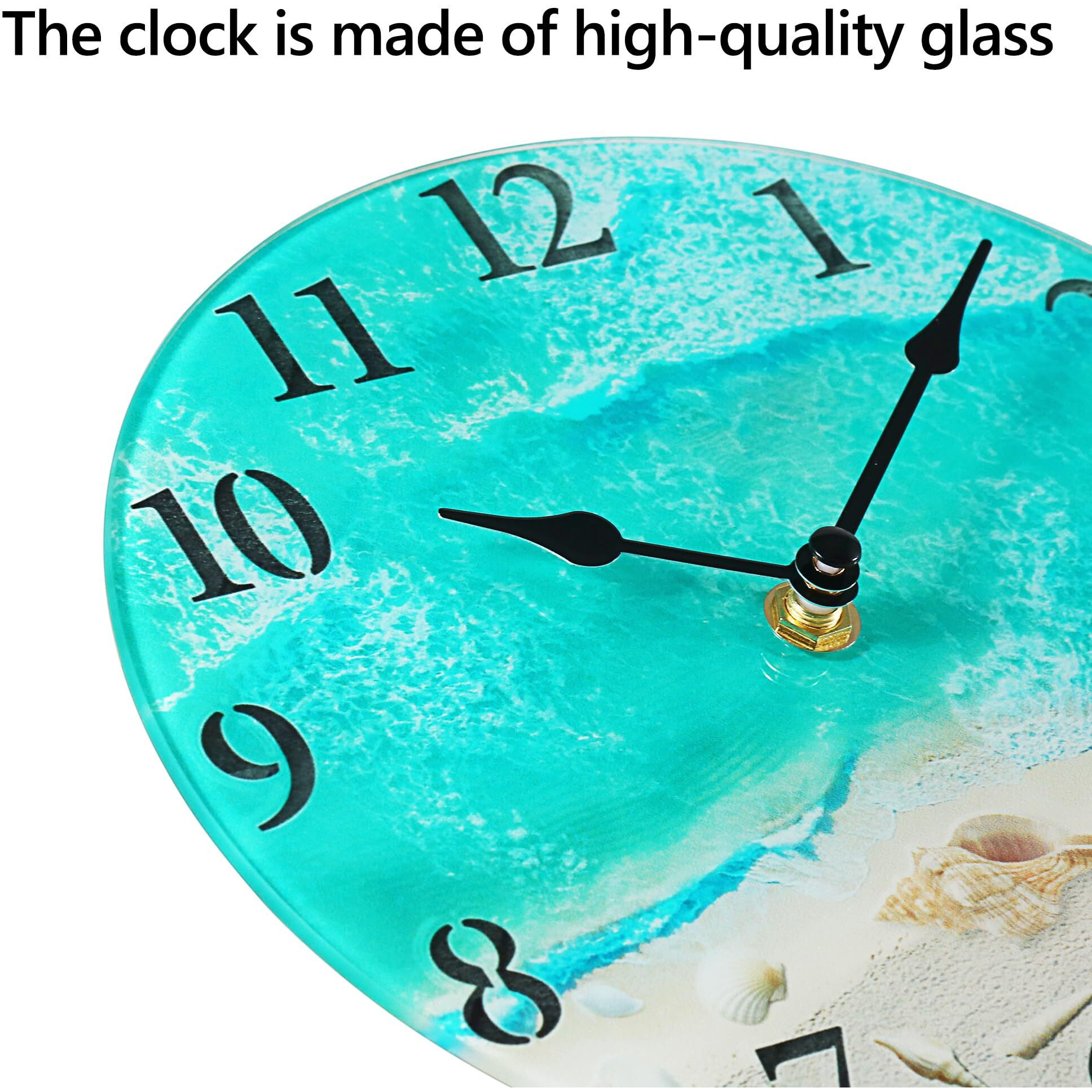 Coastal Nautical Glass Wall Clock With Seashell Design And Aesthetic Beach Theme - Battery Operated Silent Wall Decor For Home  Kitchen  Living Room  Office  Bedroom  Or Bathroom (8 Inch Teal)
