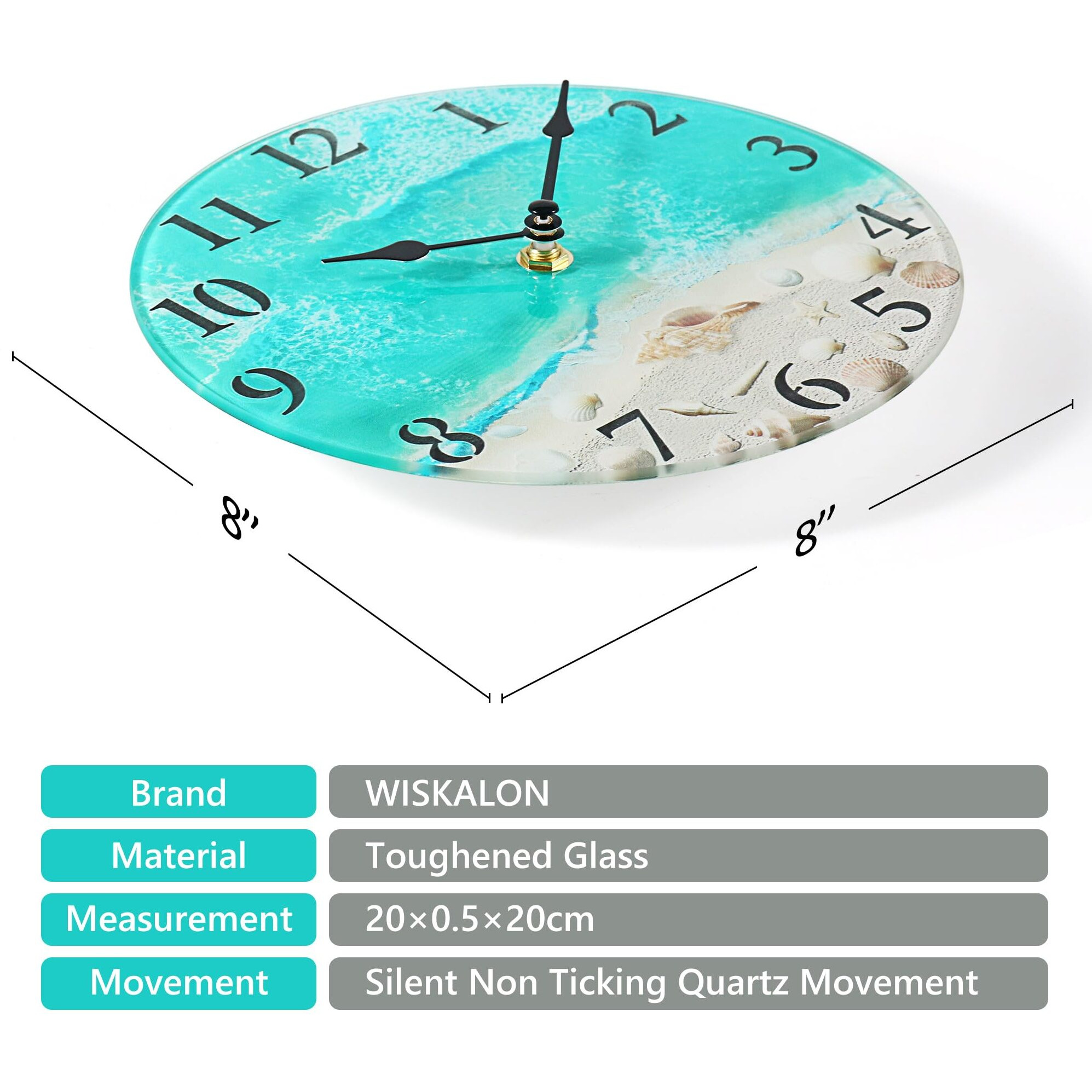 Coastal Nautical Glass Wall Clock With Seashell Design And Aesthetic Beach Theme - Battery Operated Silent Wall Decor For Home  Kitchen  Living Room  Office  Bedroom  Or Bathroom (8 Inch Teal)
