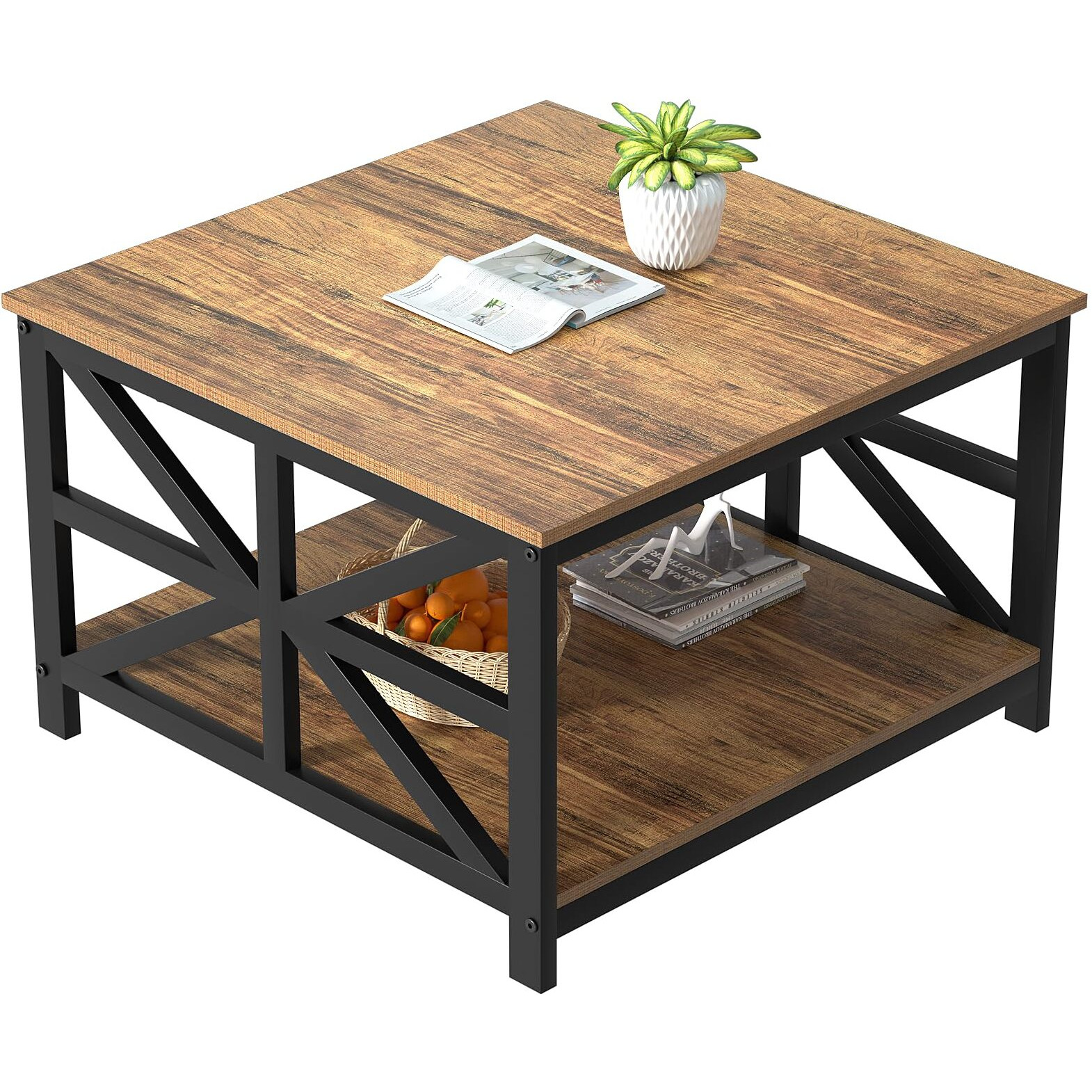 Greenforest Coffee Table With Storage For Living Room  Small Square Center Tables With Seamless One-Piece Tabletop Farmhouse Style  Walnut