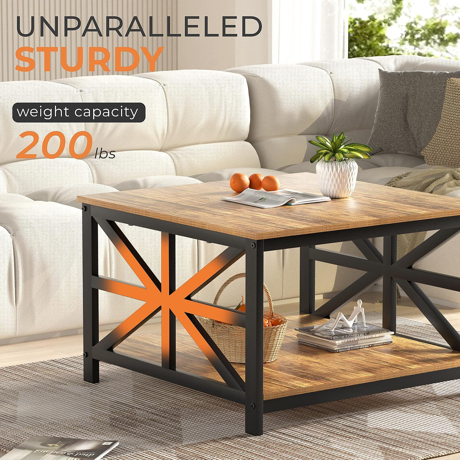 Greenforest Coffee Table With Storage For Living Room  Small Square Center Tables With Seamless One-Piece Tabletop Farmhouse Style  Walnut