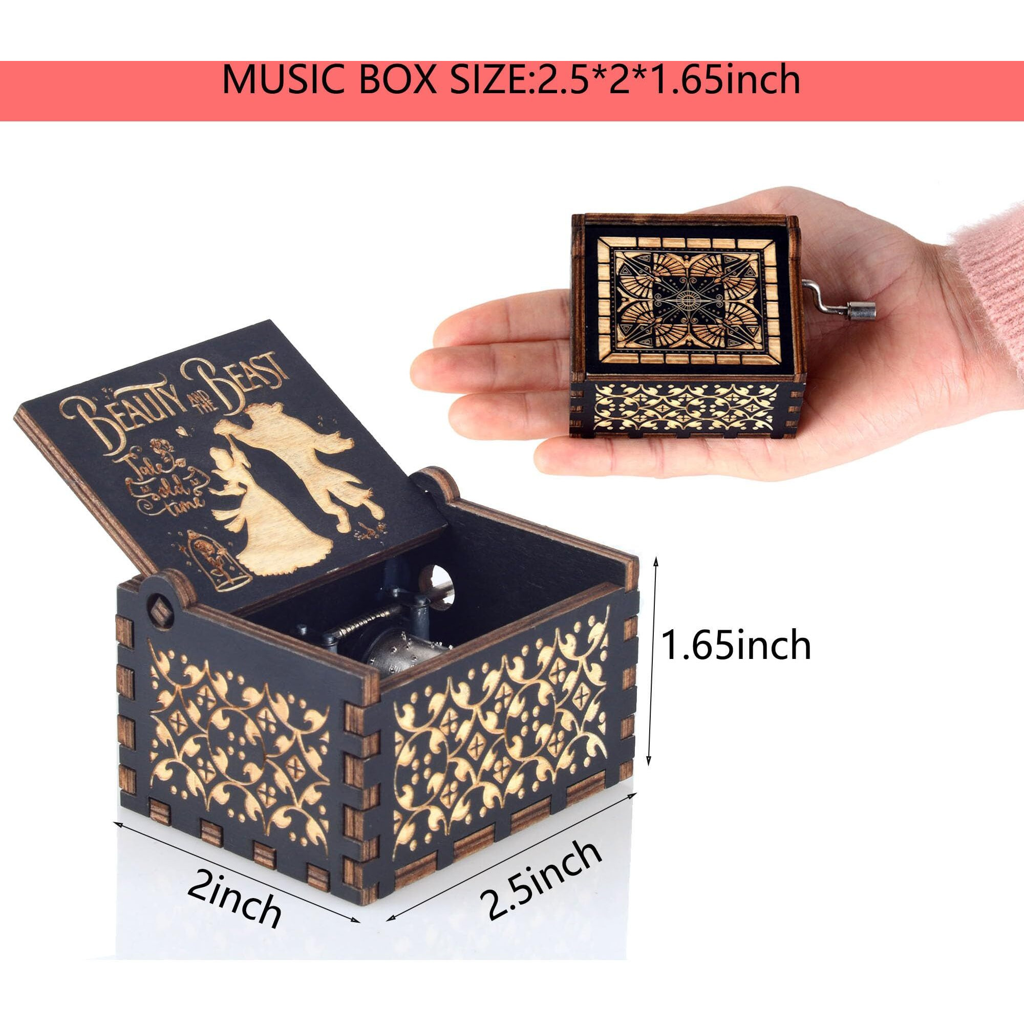 Ddjbdb Beauty Music Box Beast  18 Note Mechanism Antique Carved Wooden Hand Crank Musical Box Crafts Valentine Christmas Birthday Gift For Her Wife Girlfriend