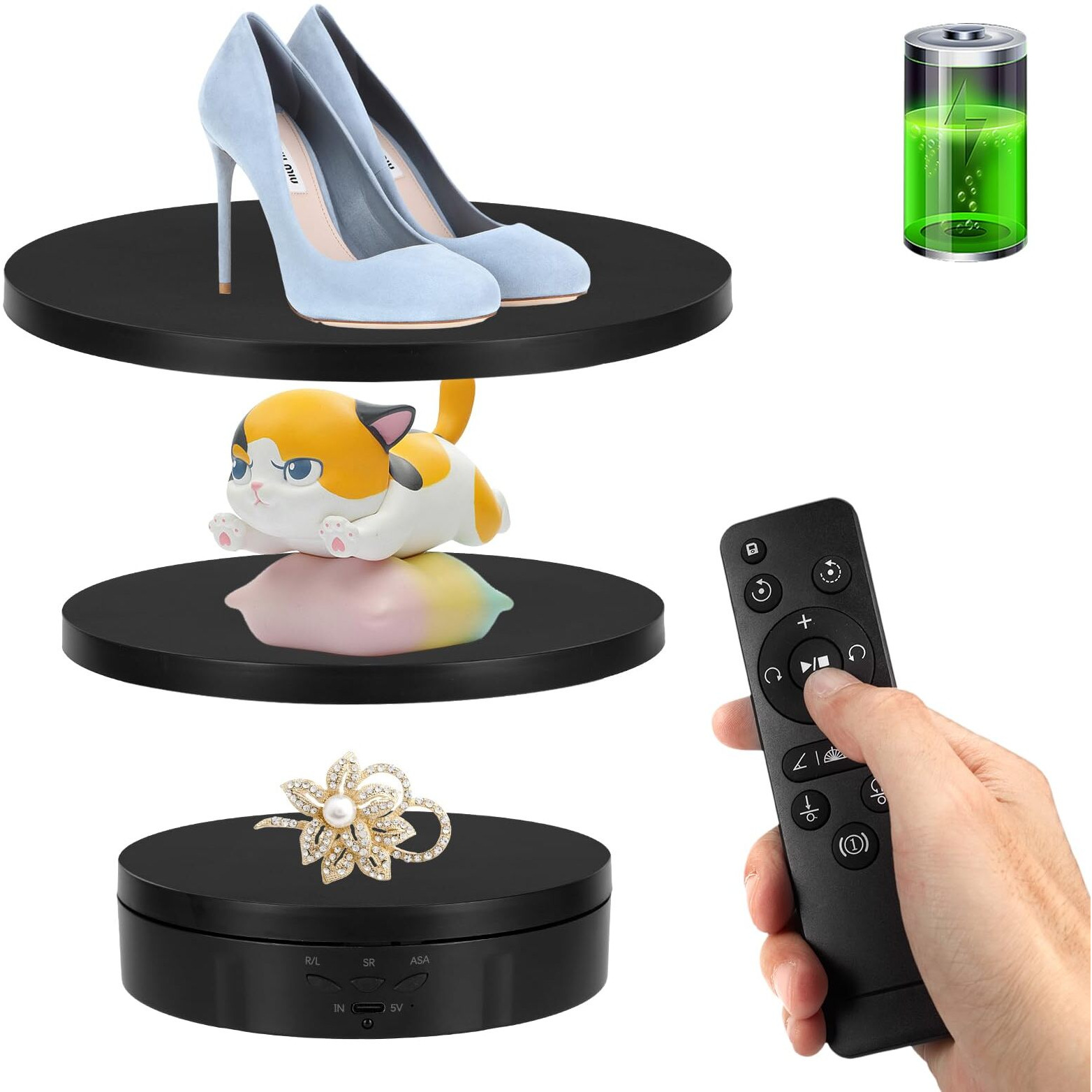 Remote Motorized Rotating Display Stand  Electric Rotating Platform With 5.74/7.08/8.66In Replacement Covers  3 In 1 Turntable With Rechargeable Battery For Live Streaming Video Shoot Photography