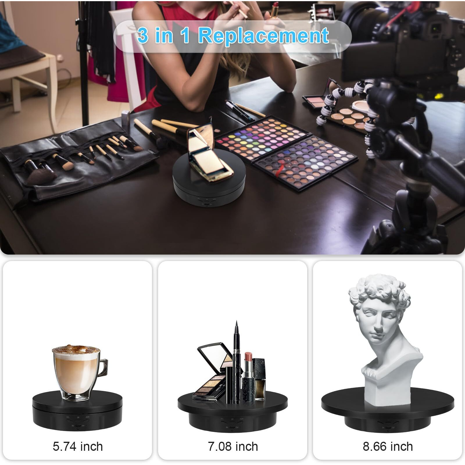Remote Motorized Rotating Display Stand  Electric Rotating Platform With 5.74/7.08/8.66In Replacement Covers  3 In 1 Turntable With Rechargeable Battery For Live Streaming Video Shoot Photography