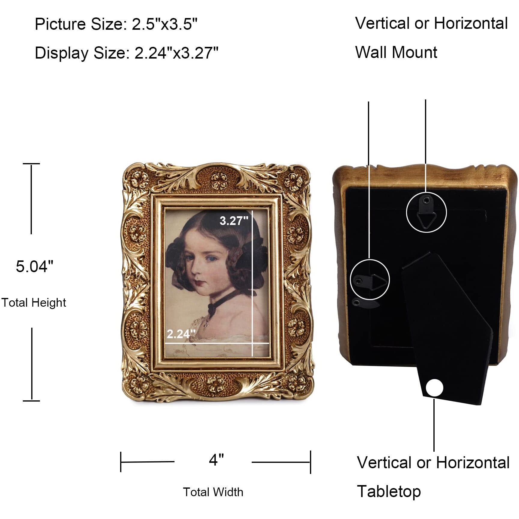 Vinlife Small Vintage Picture Frames 2.5X3.5 Gold Mini Frames Wallet Size Picture Frame With Embossed Floral Gallery Art Victorian Home Decor