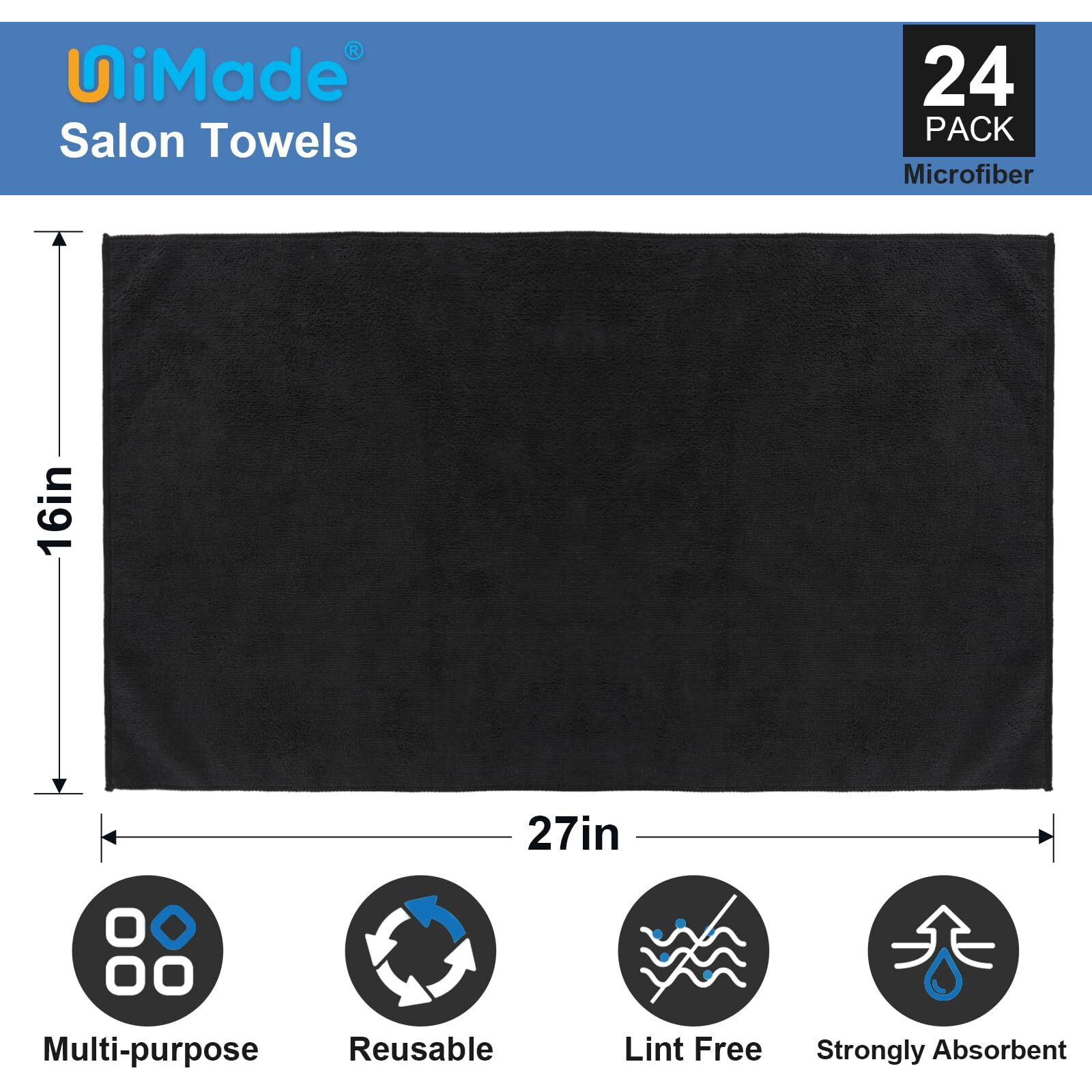 Unimade 24 Pack Salon Towels - Highly Absorbent And Quick Drying Hand Towel  Premium Wash Cloths For Bathroom  Gym  Shower  Hotel  And Spa - 16X27 Inch (Black)