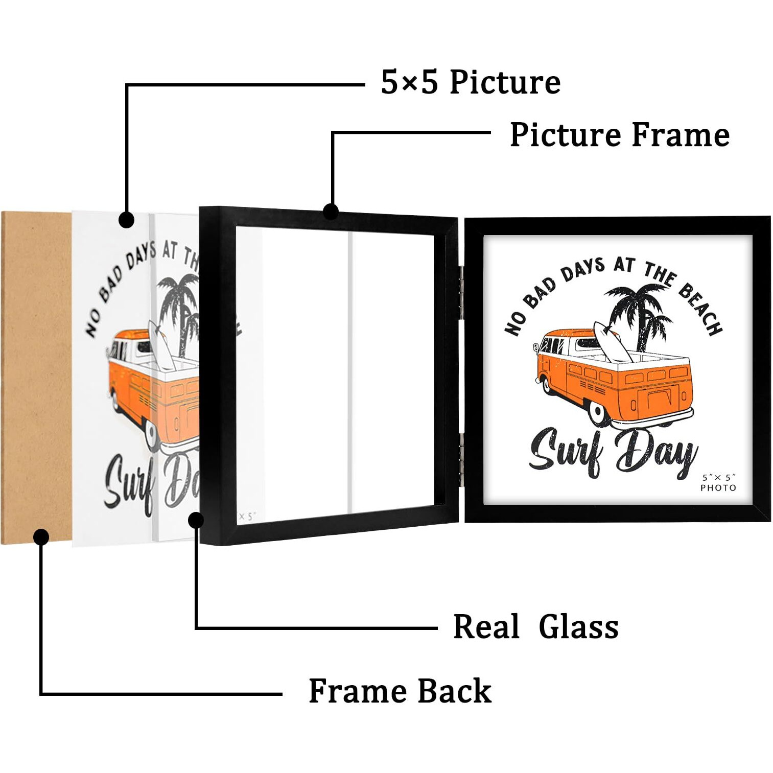 Orivan 5X5 Triple Picture Frame Hinged 3 Photos Folding Photo Frames With Glass Vertical Stand Frames  Black
